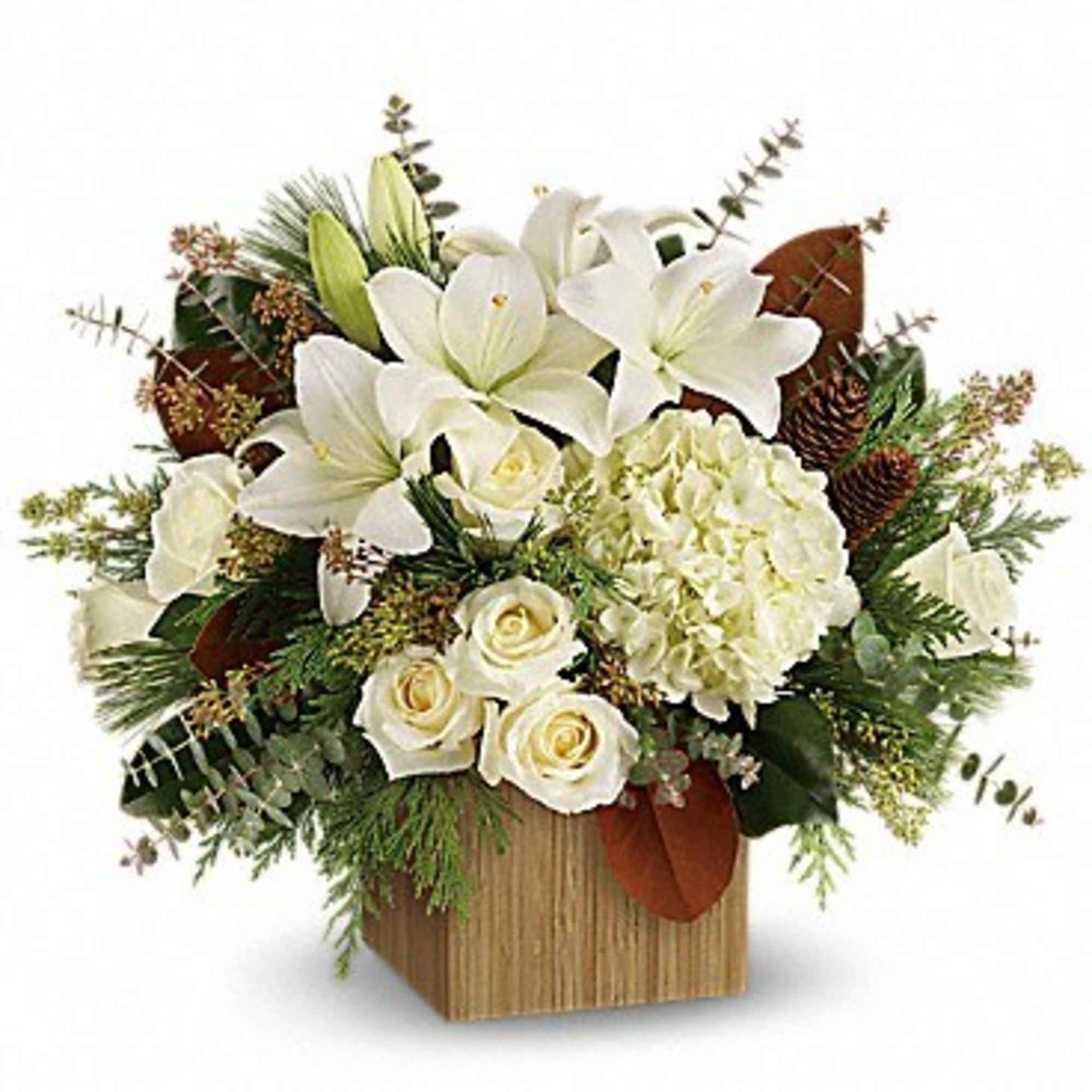 Hand-delivered in a chic bamboo cube, this extraordinary bouquet of snowy-white blooms