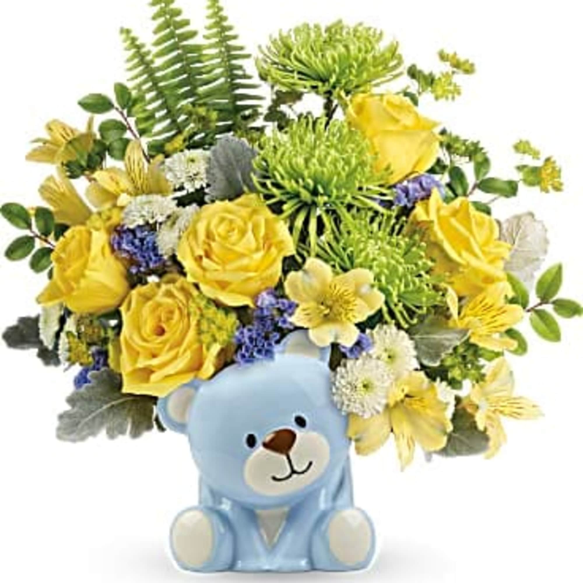 Yellow flower bouquet in a blue teddy bear vase