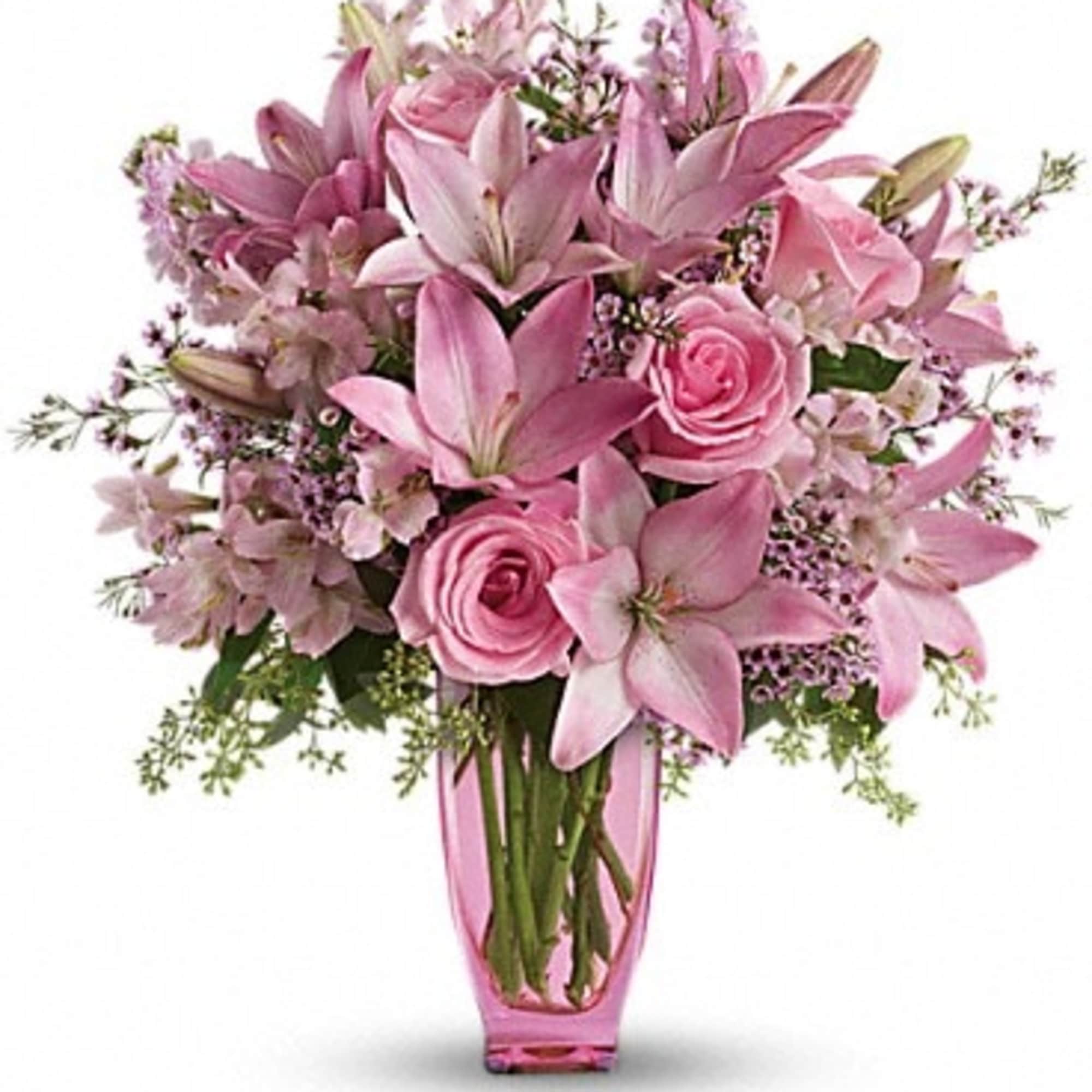 Think pink. Think pretty. Think present. This beautifully feminine bouquet makes a