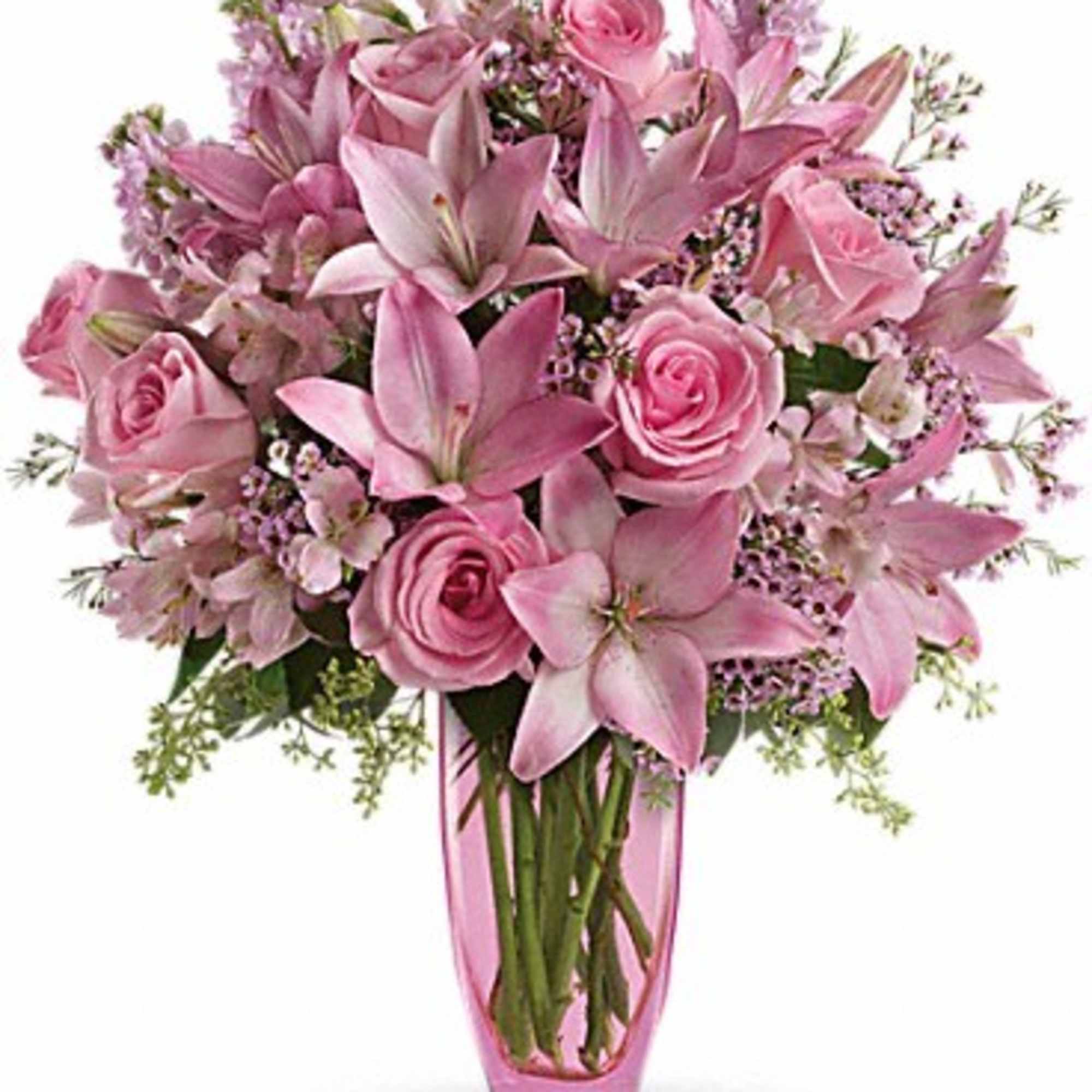 Think pink. Think pretty. Think present. This beautifully feminine bouquet makes a