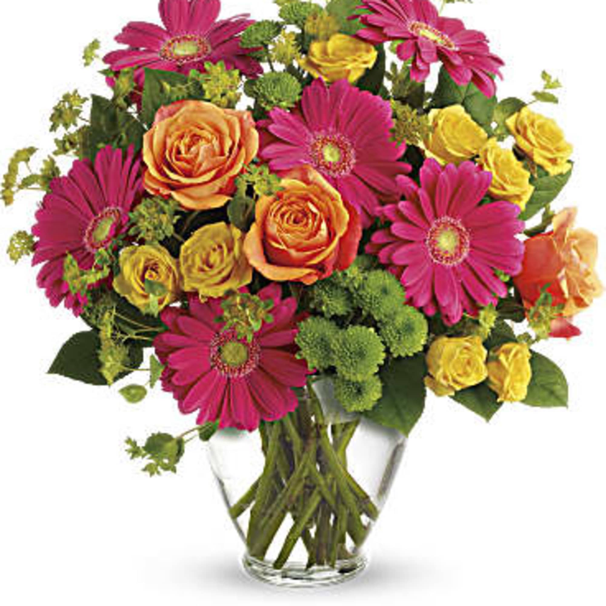Pink gerbera daisies and yellow-orange roses in a clear glass vase