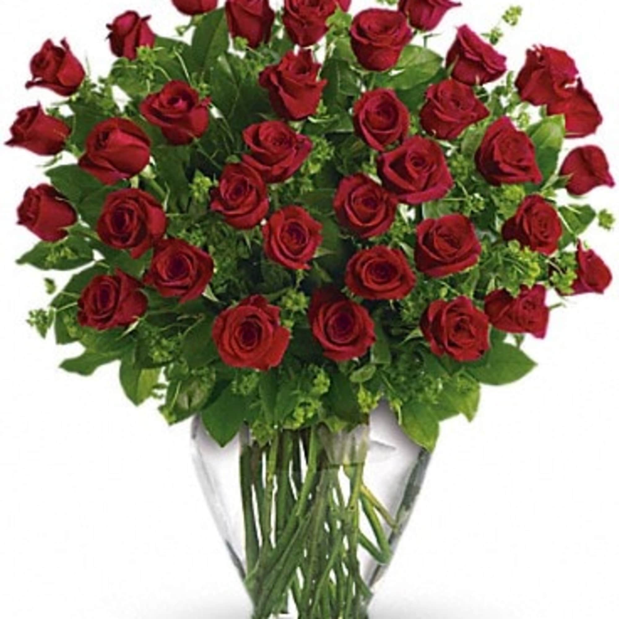 Bouquet of red roses in a clear glass vase