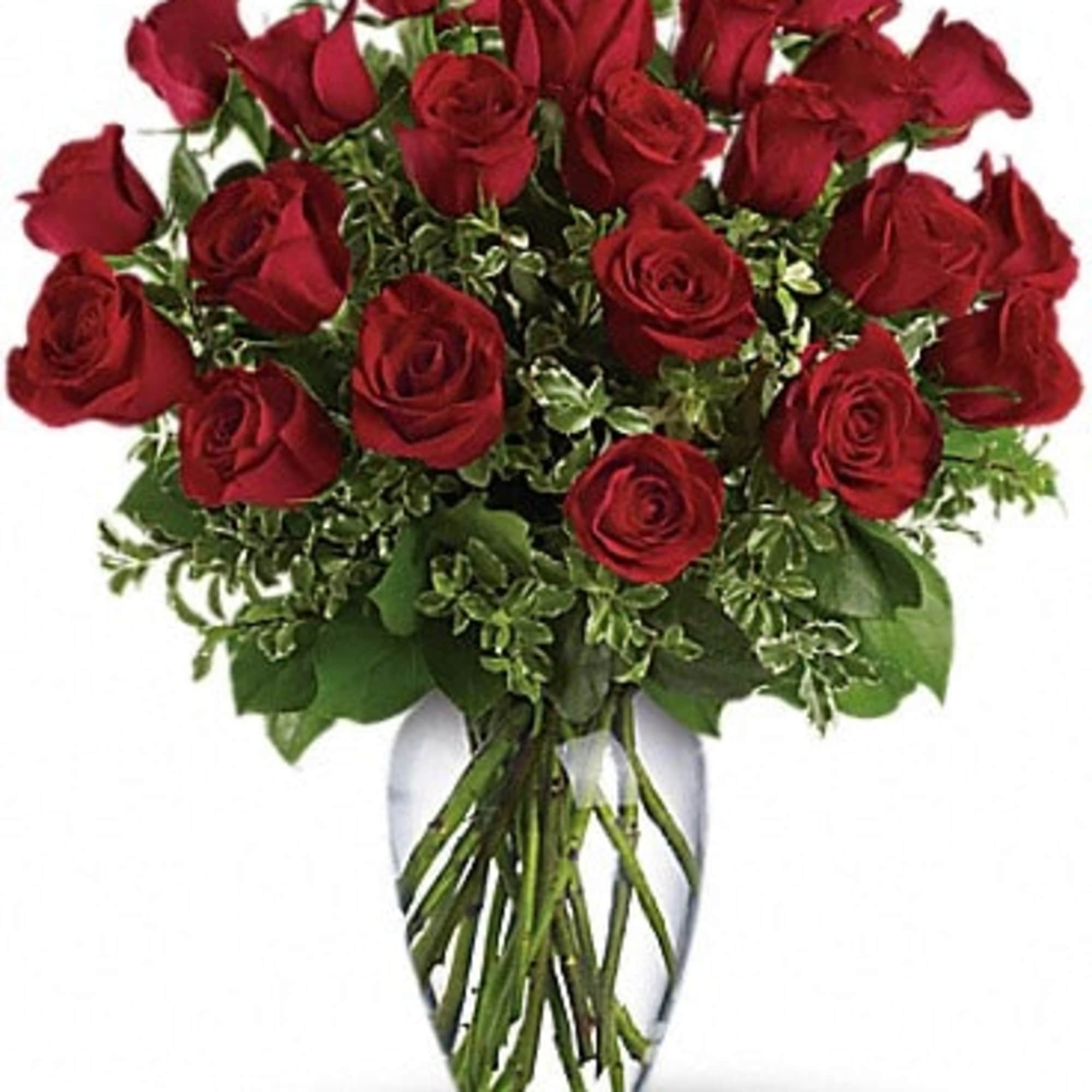 Bouquet of red roses in a clear glass vase