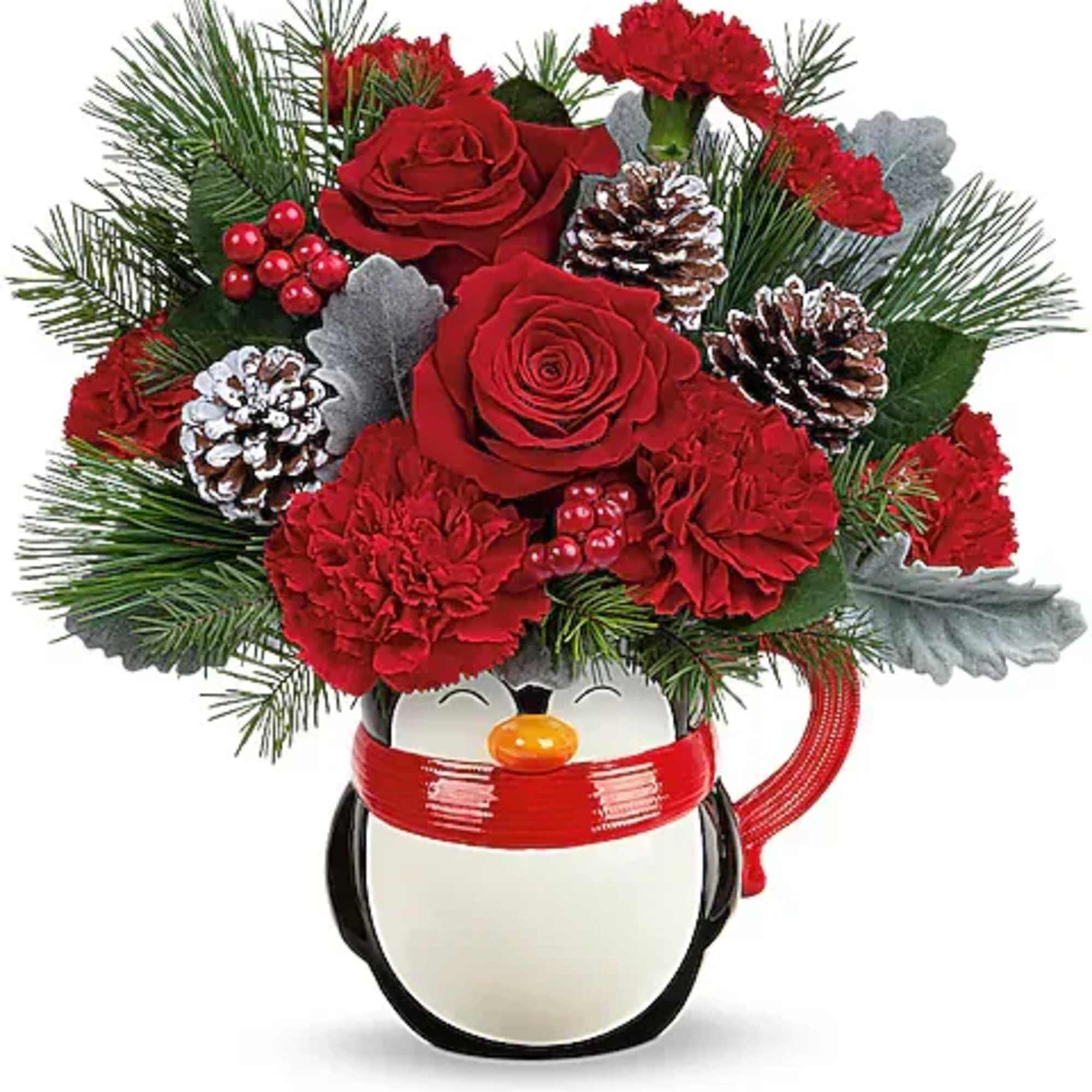 Filled with festive flowers now, hot cocoa later, this sweet ceramic penguin