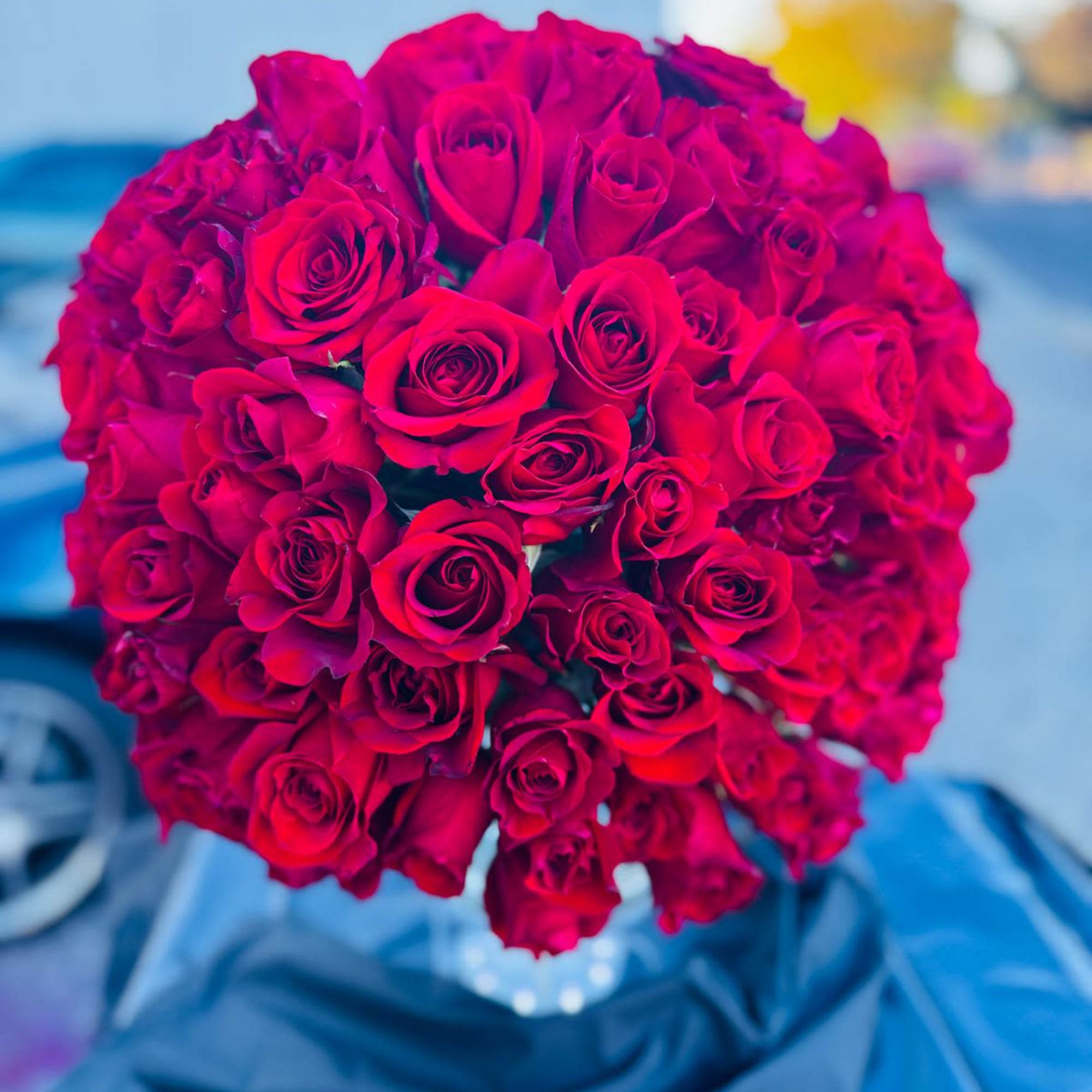 Round bouquet of bright red roses