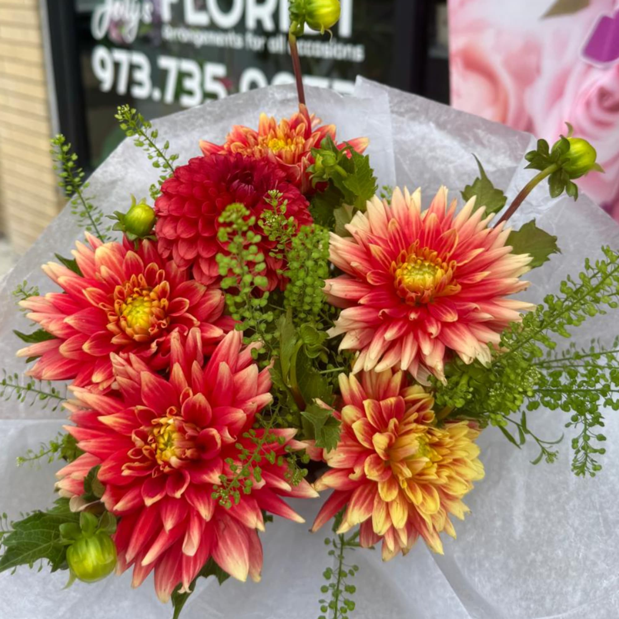 Bouquet of red, pink, and yellow dahlias wrapped in white paper