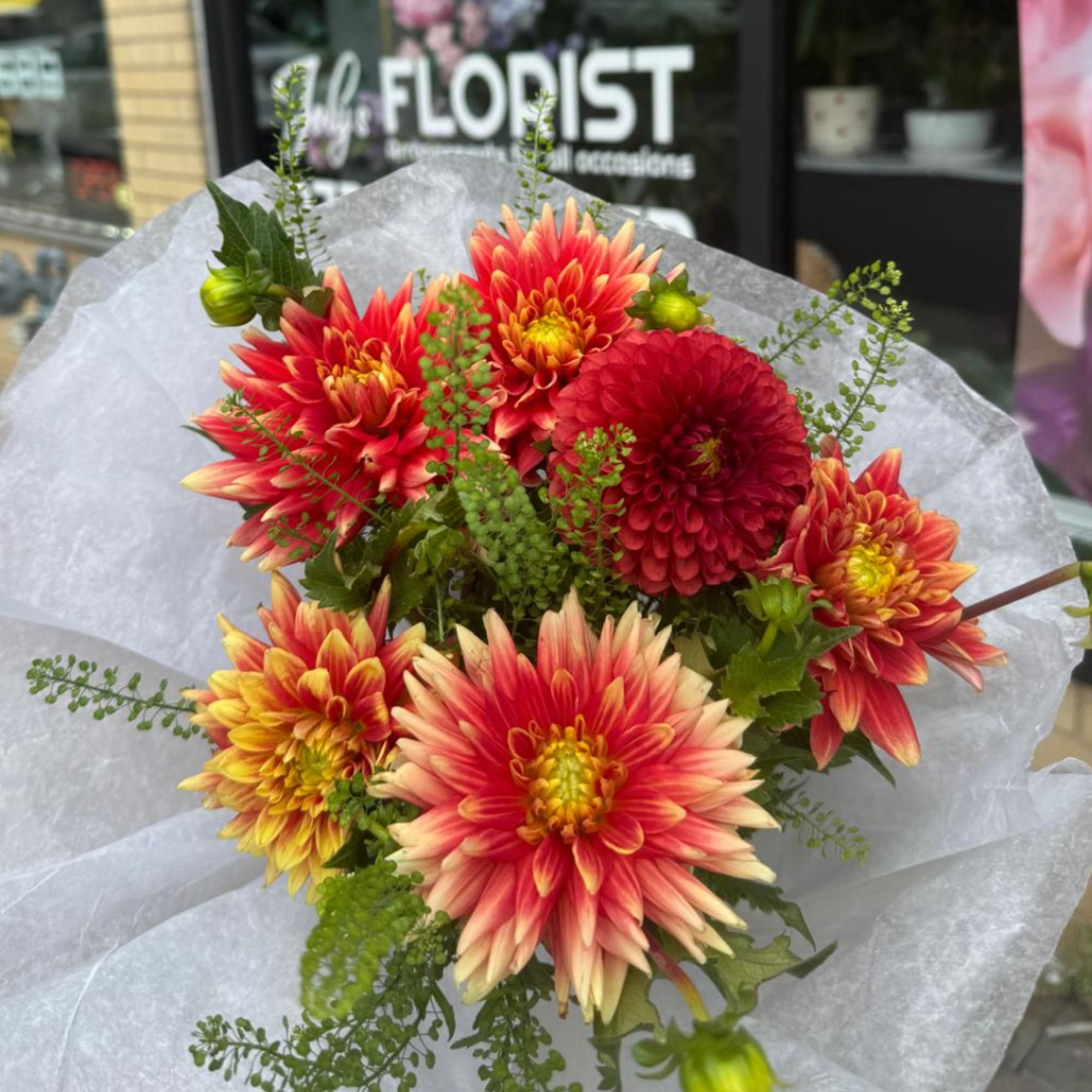 Bouquet of red, yellow, and cream dahlias wrapped in white paper