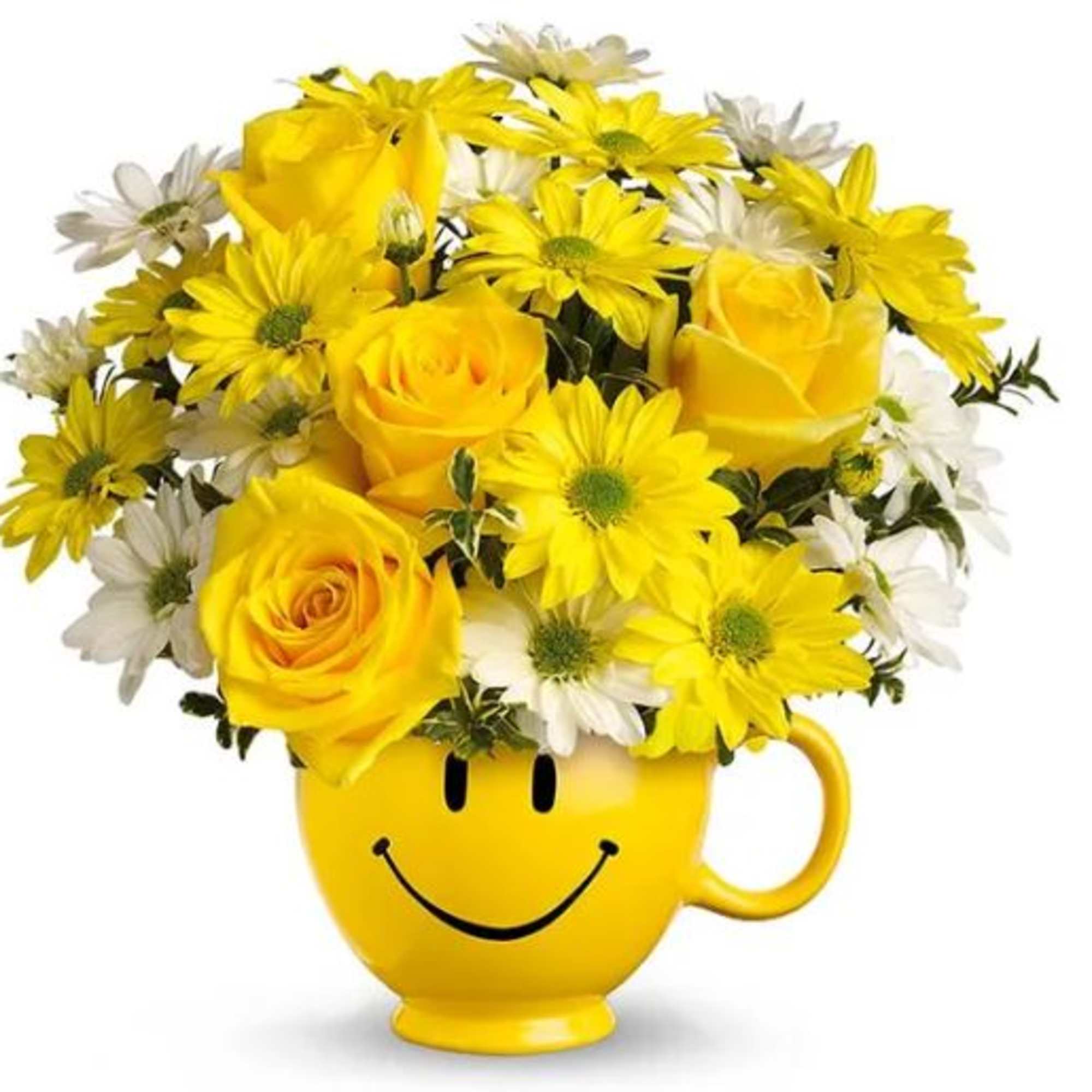 A ceramic mug happy face mug filled with bright yellow roses, white