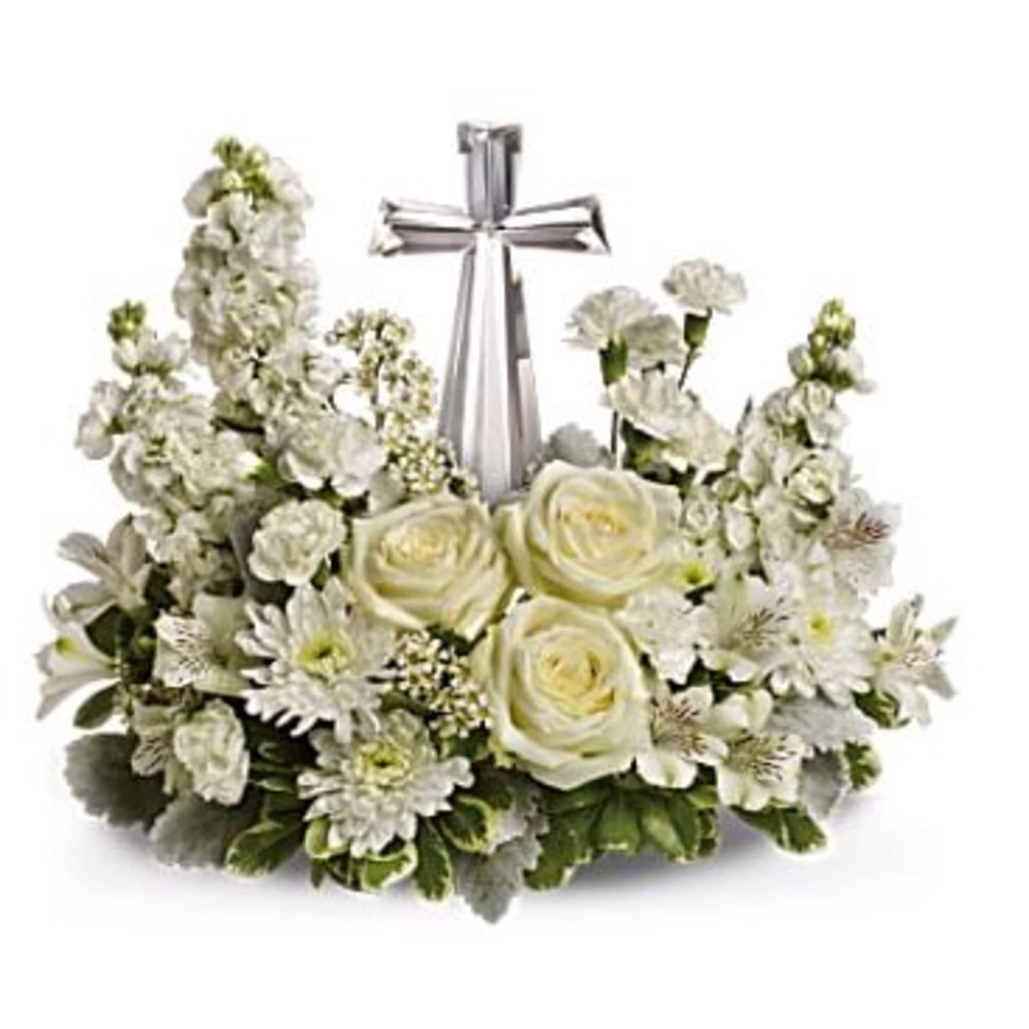 White floral wreath with a silver cross centerpiece