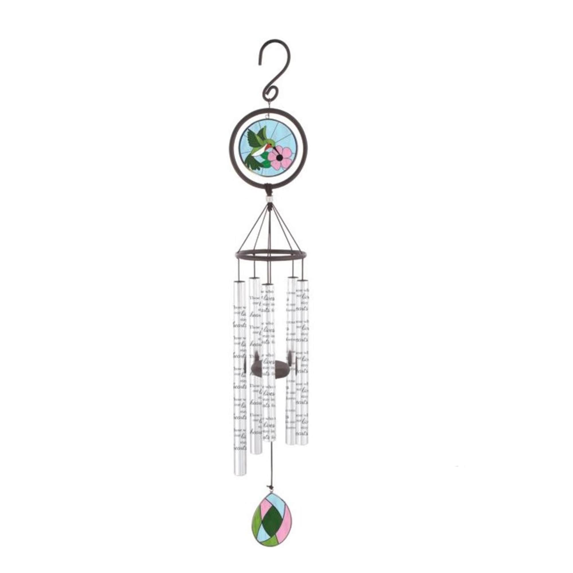 Hanging wind chime with a floral painted top and colored bottom pendant