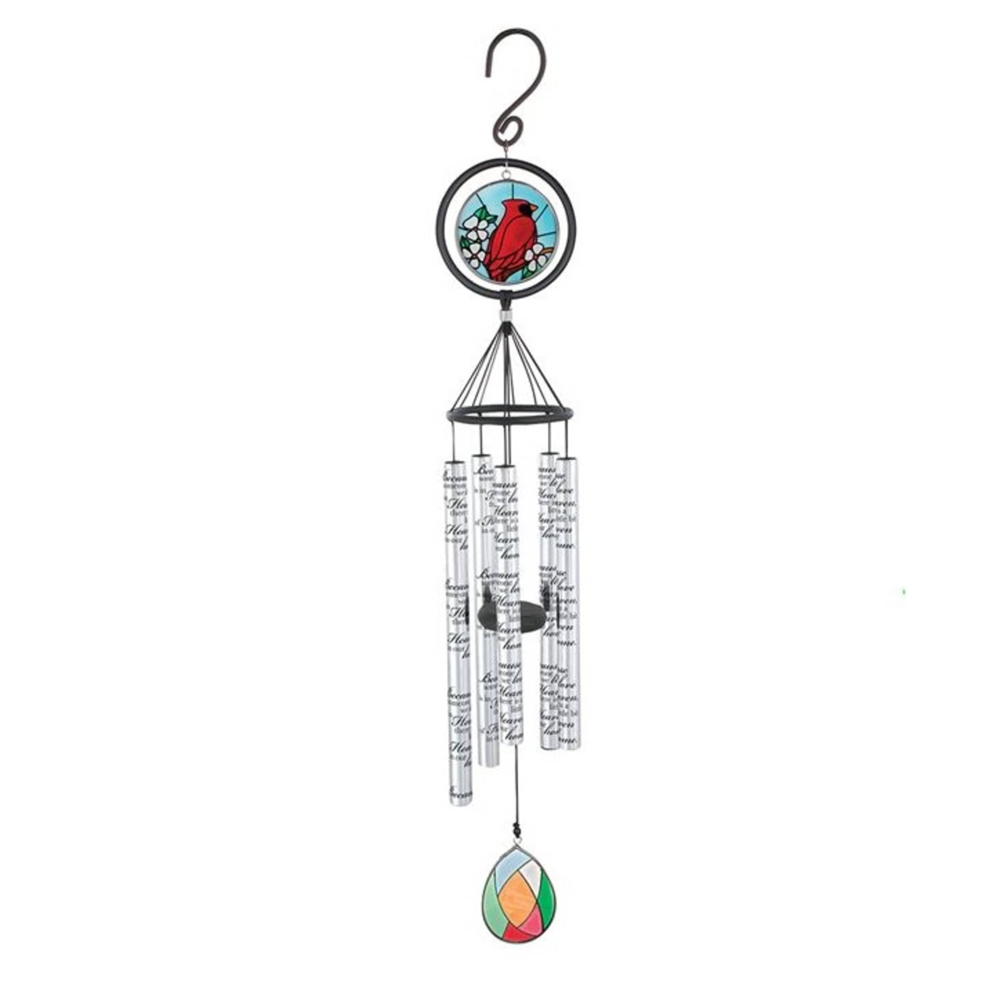 Decorative hanging wind chime with a red bird medallion and colored glass drop