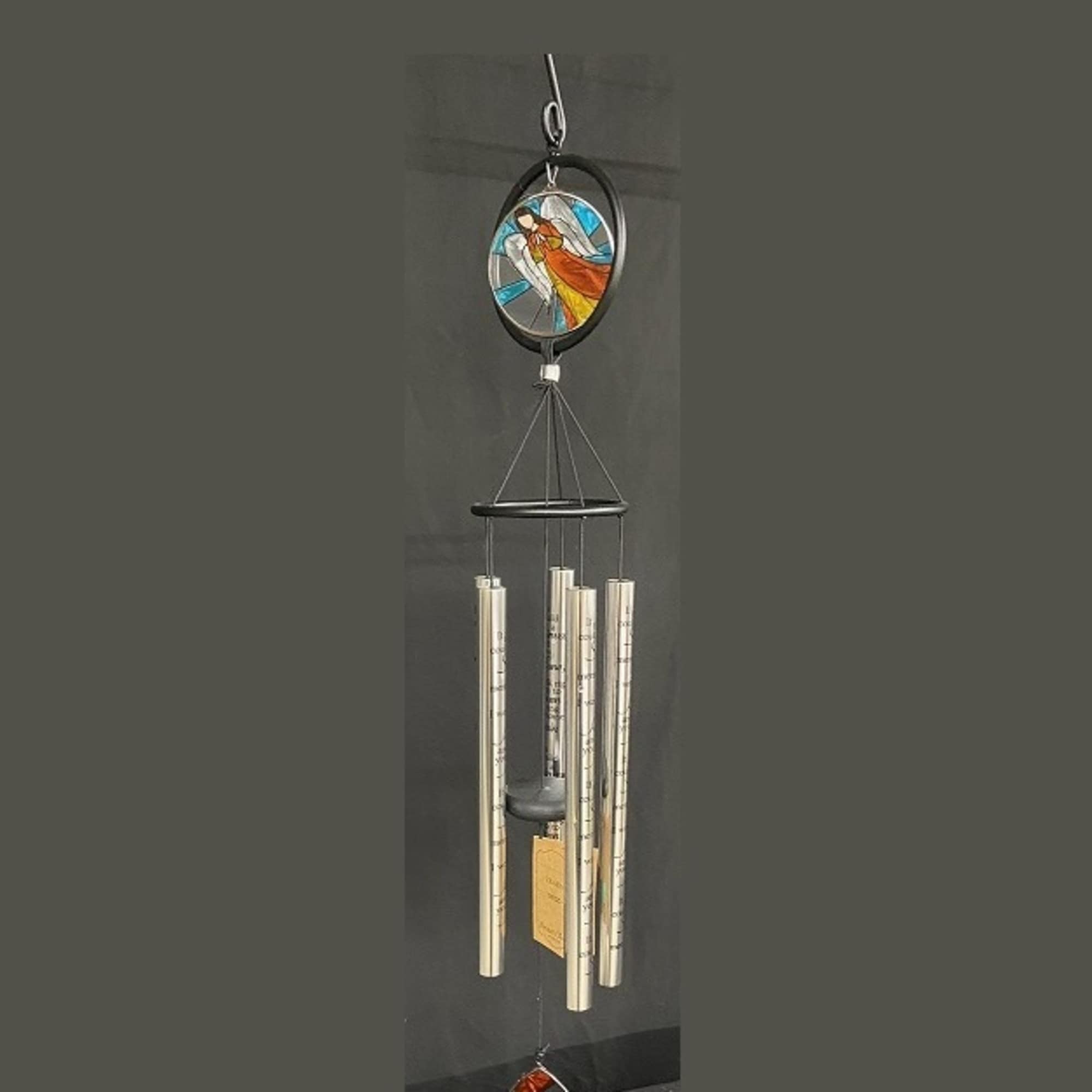 Hanging metal wind chime with stained-glass accents