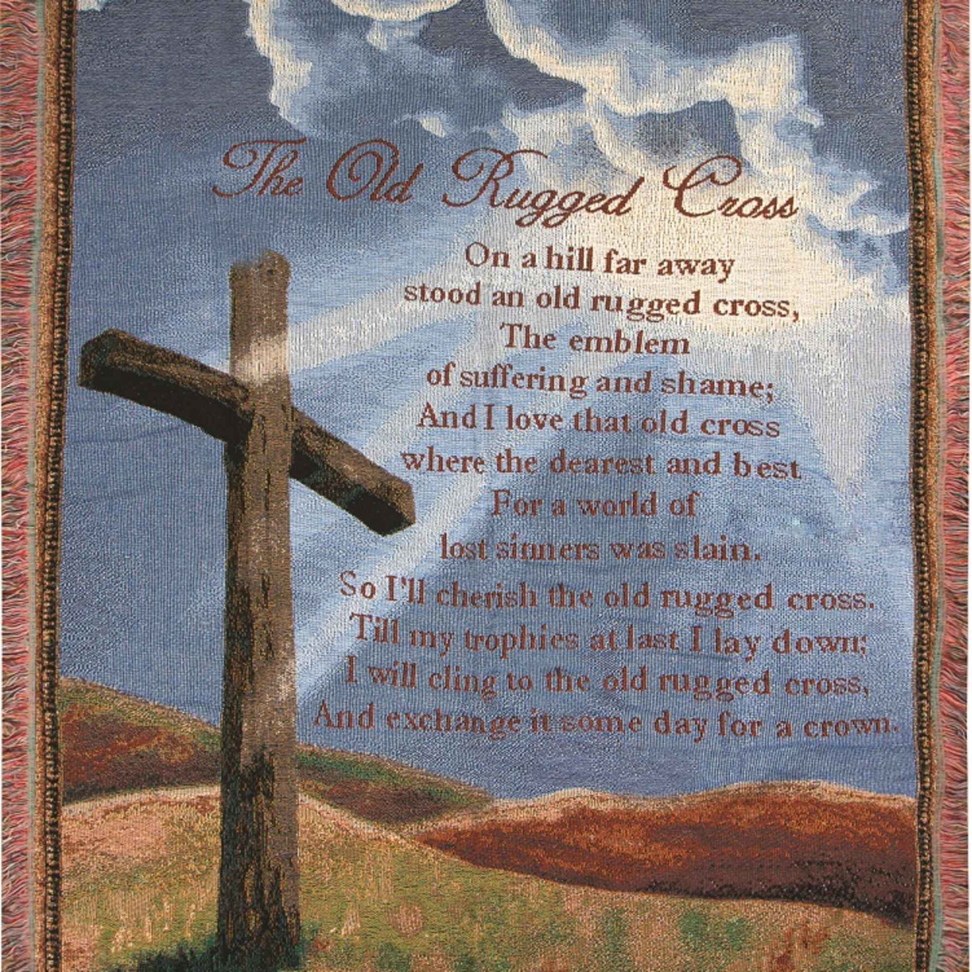 Woven wall hanging with a cross and poem text