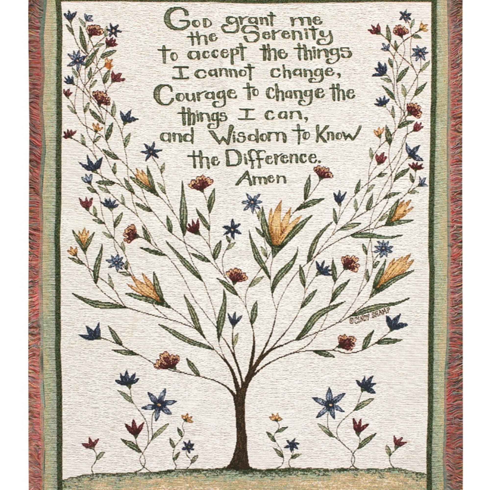 Woven wall hanging with a tree and the Serenity Prayer text