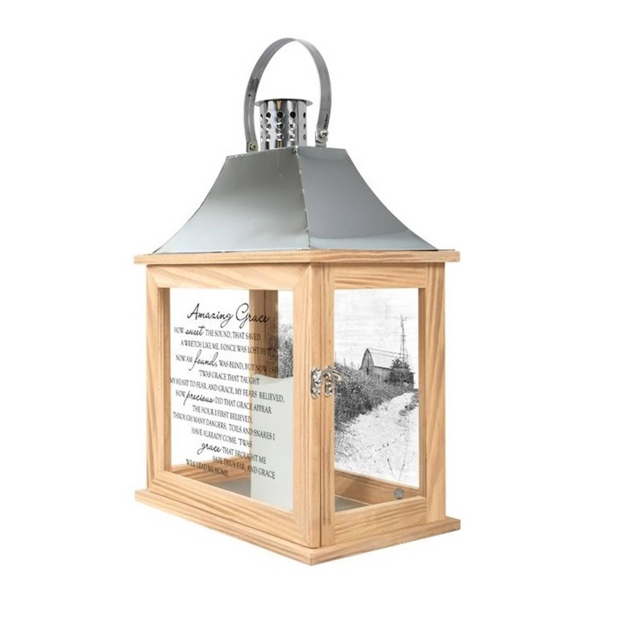 Wooden lantern with a metal top and printed glass panels