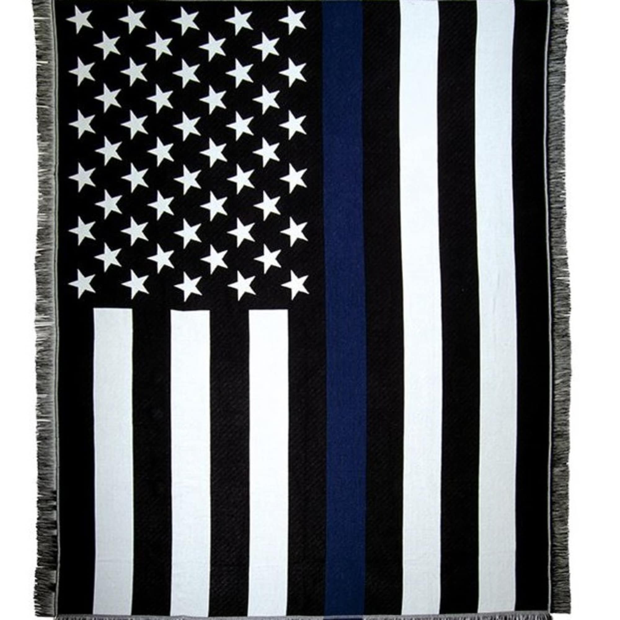 Black-and-white American flag blanket with a blue stripe