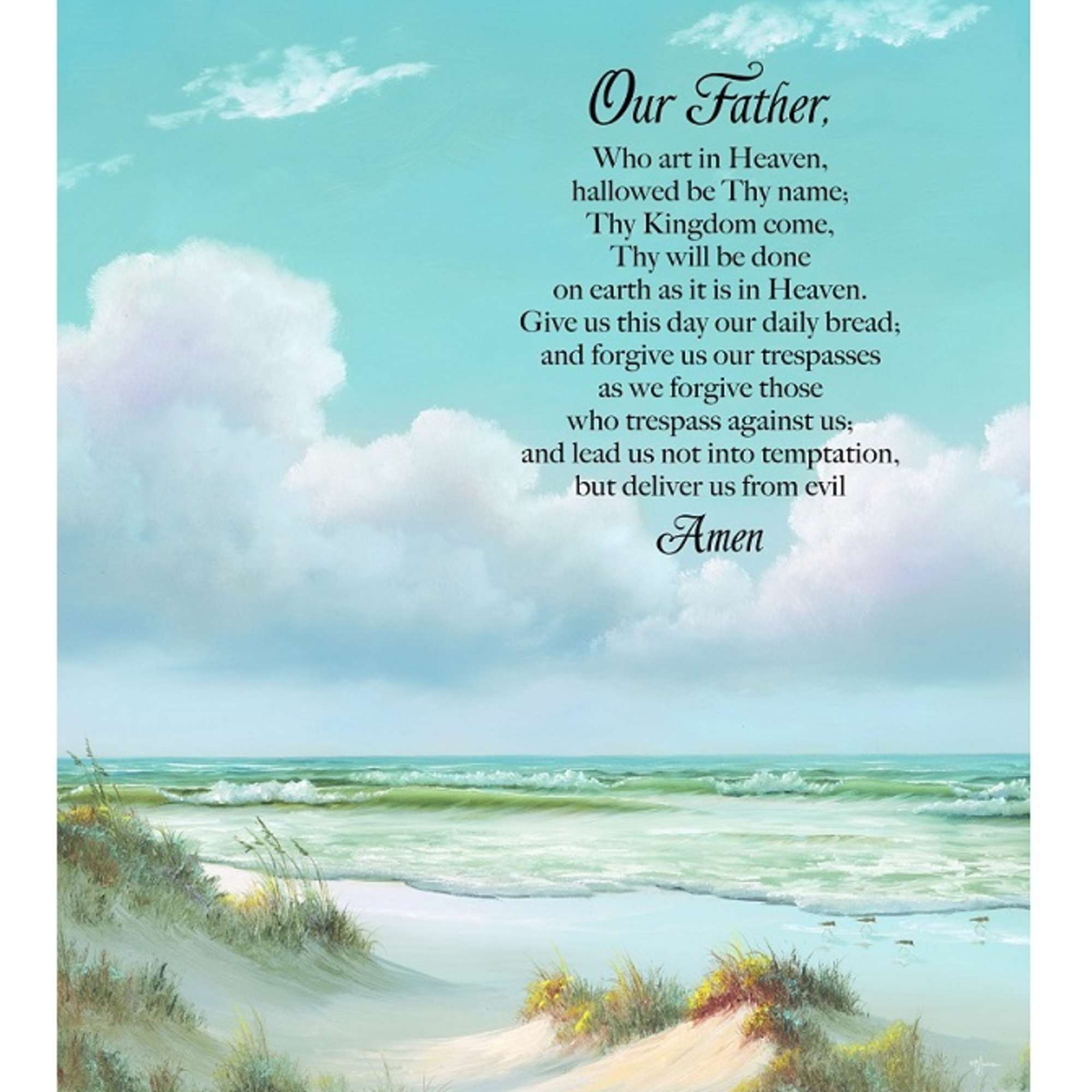 Religious wall art with a beach scene and the Lord's Prayer text