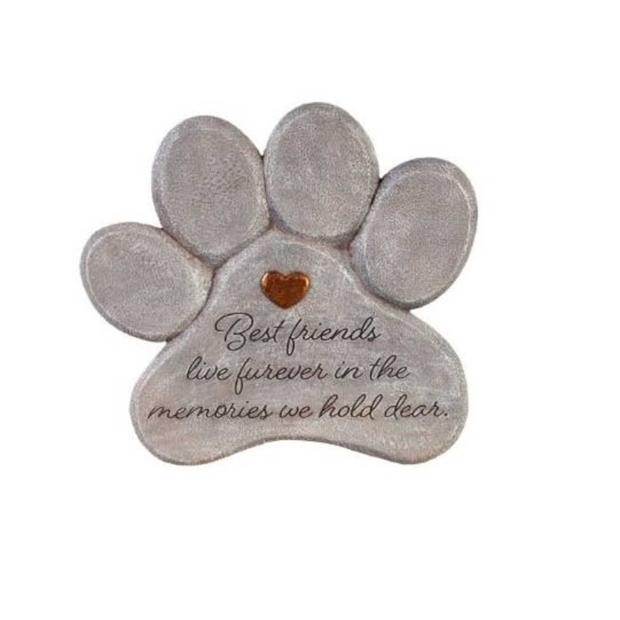 Gray paw-shaped memorial plaque with a small heart accent