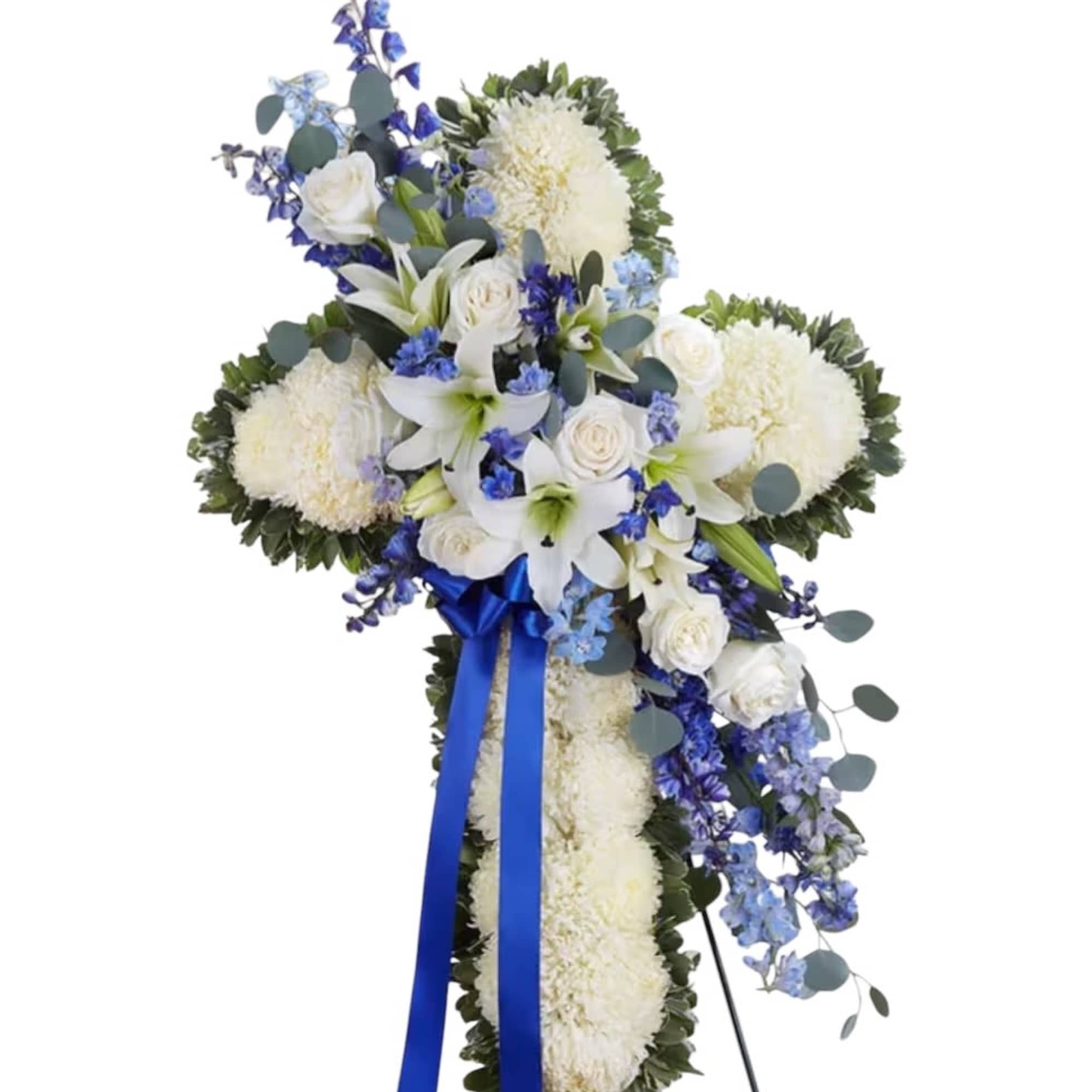 White and blue floral standing cross with ribbon