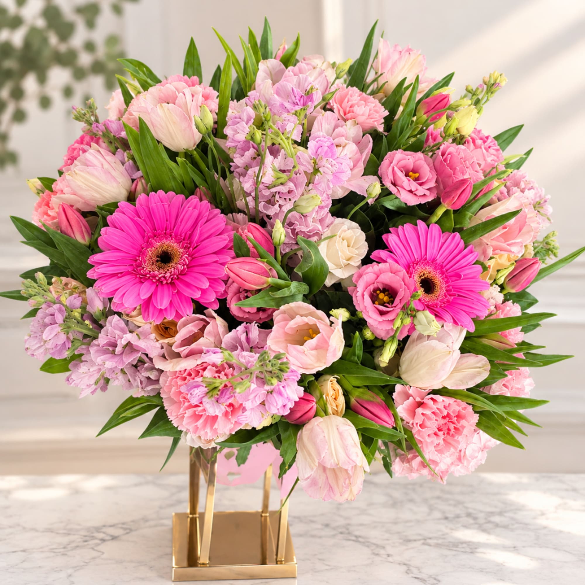 Pink mixed flower arrangement in a gold vase