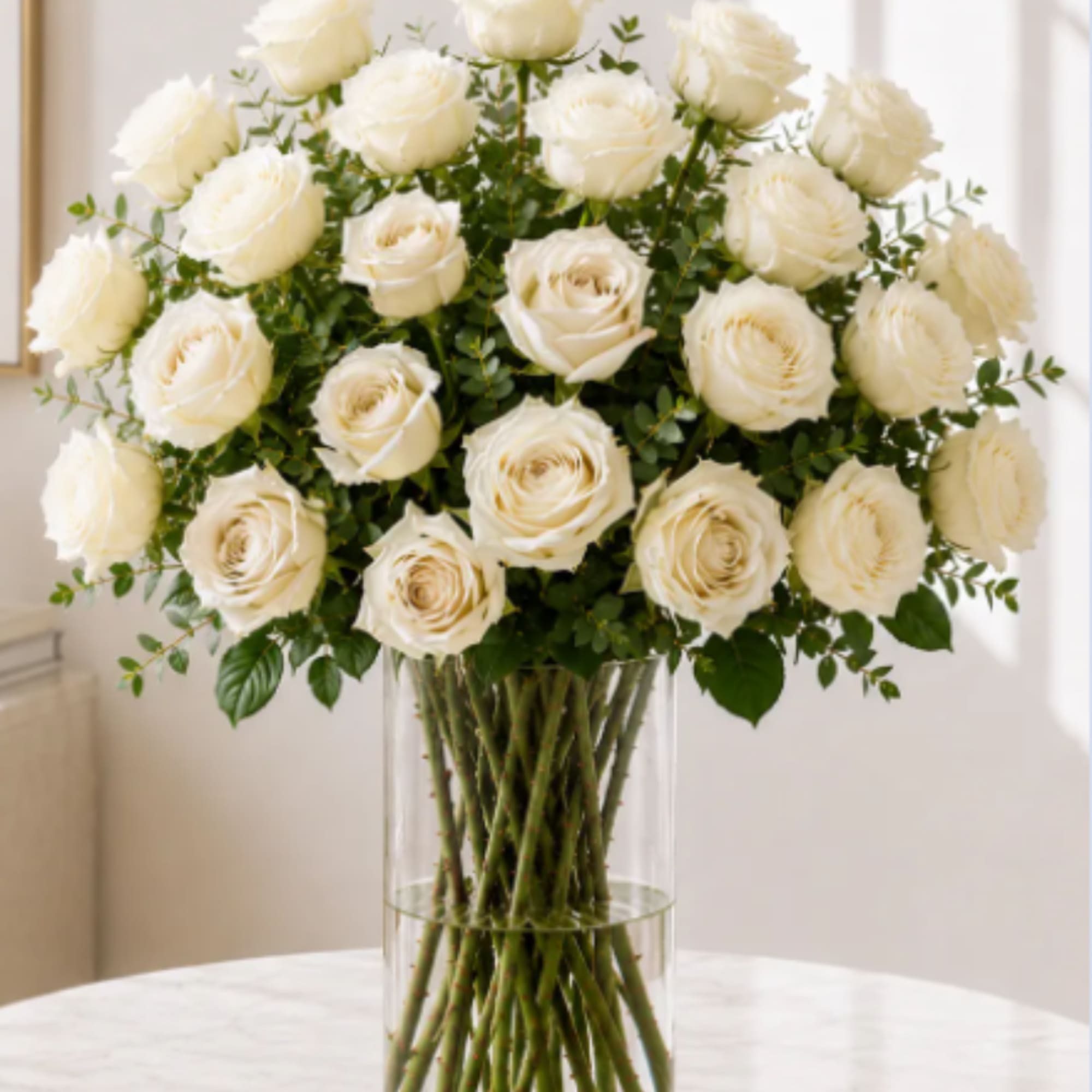 White roses arranged in a clear glass vase