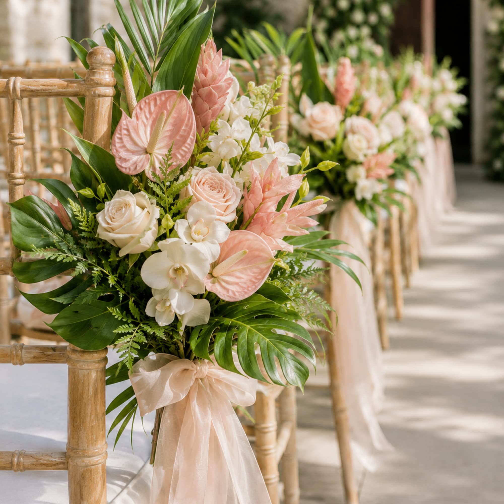 Floral chair adornments add an intentional layer of beauty to the ceremony