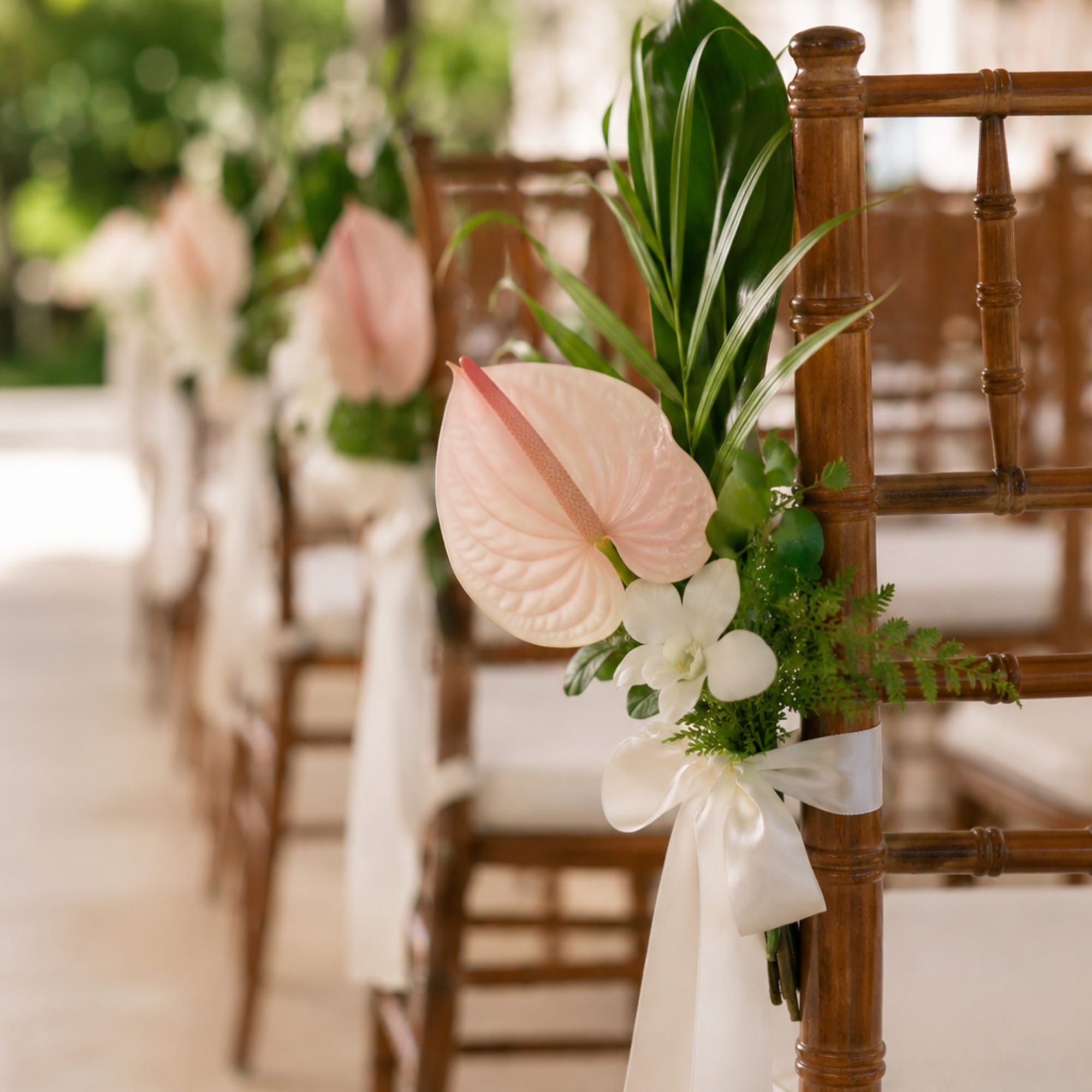 Floral chair adornments add an intentional layer of beauty to the ceremony