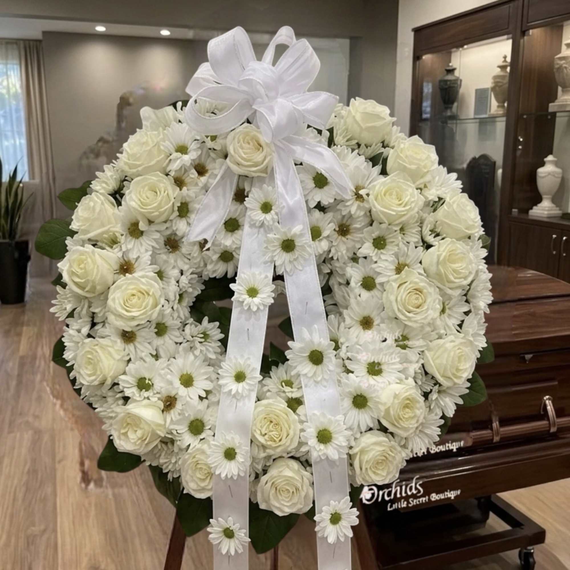 White rose and daisy wreath with a ribbon bow on a stand