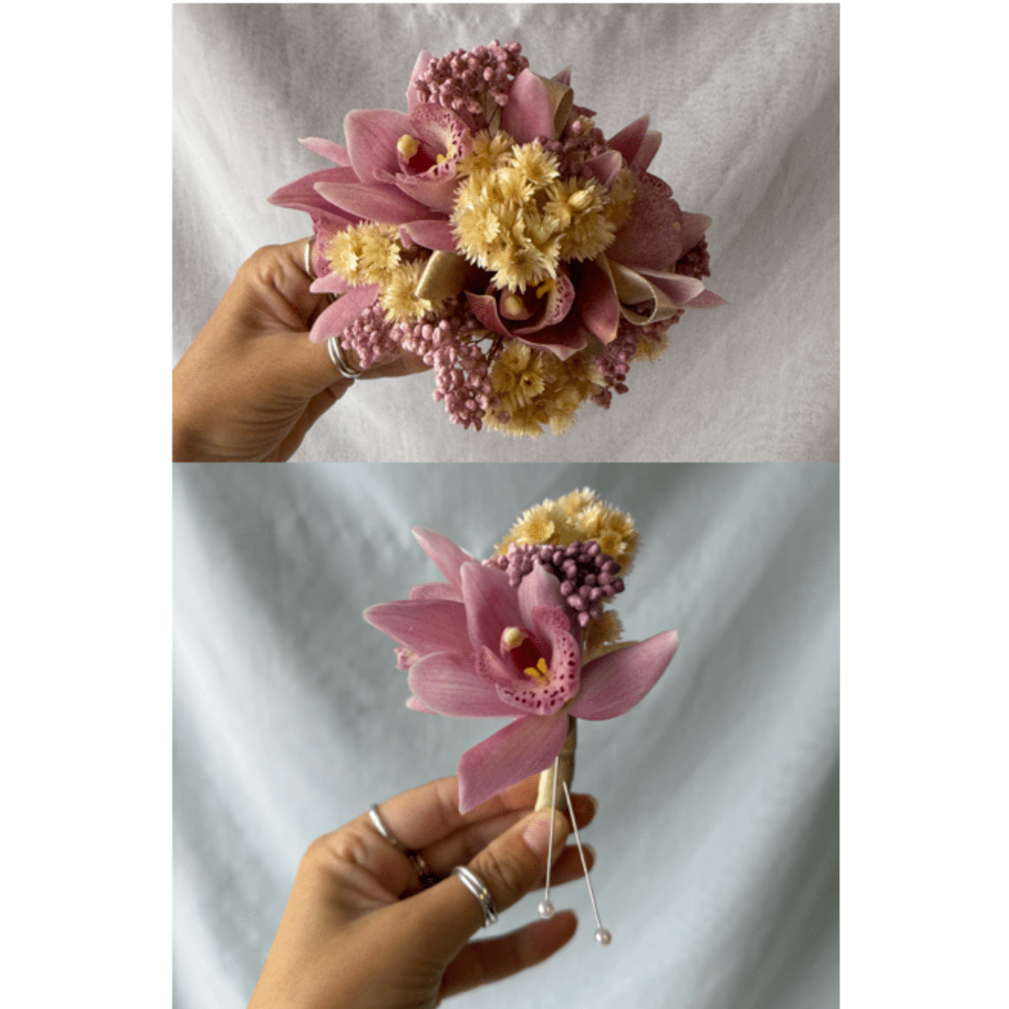 Pink orchid corsage and matching boutonniere held in hand