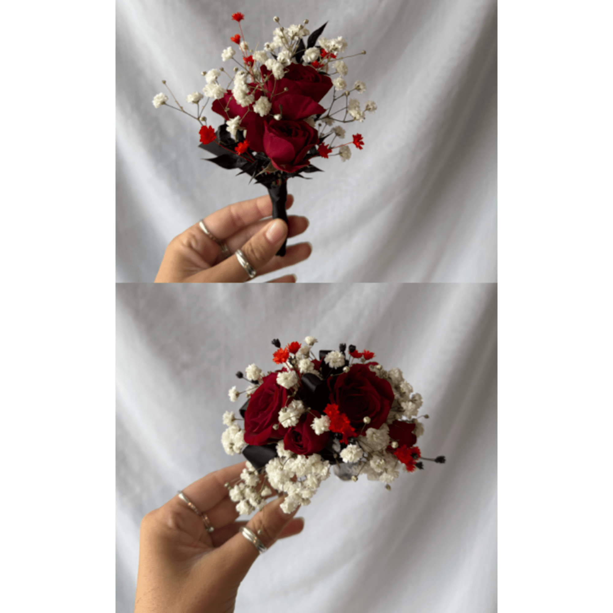 Small red rose boutonniere with baby's breath held in a hand