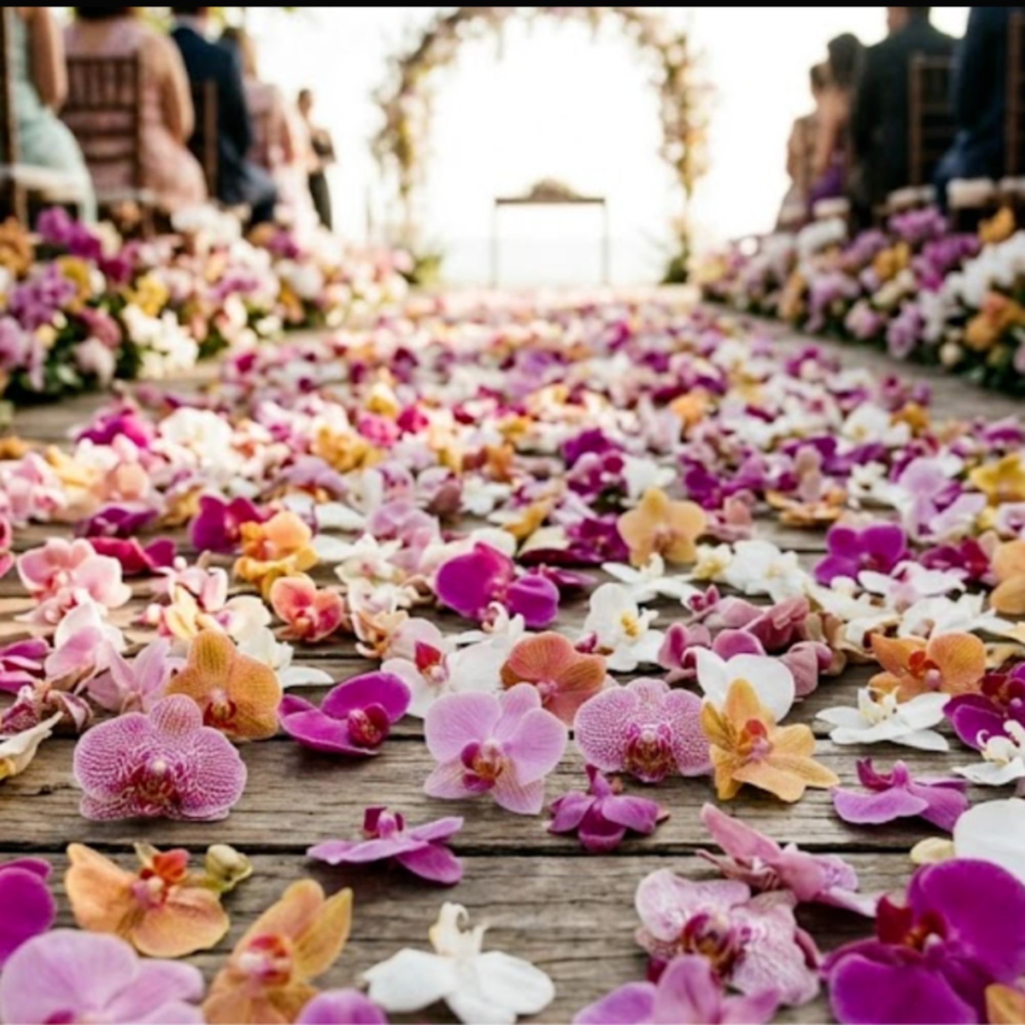 Flower petals add a romantic, polished finishing touch to an aisleway, entrance