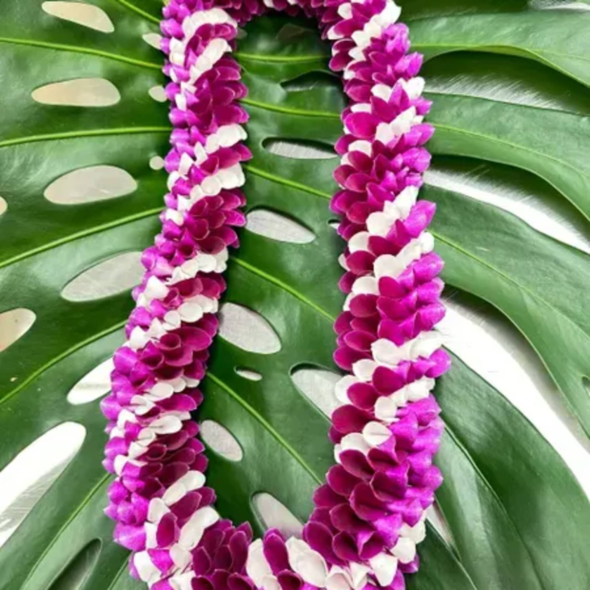 Purple and white flower lei on large tropical leaves