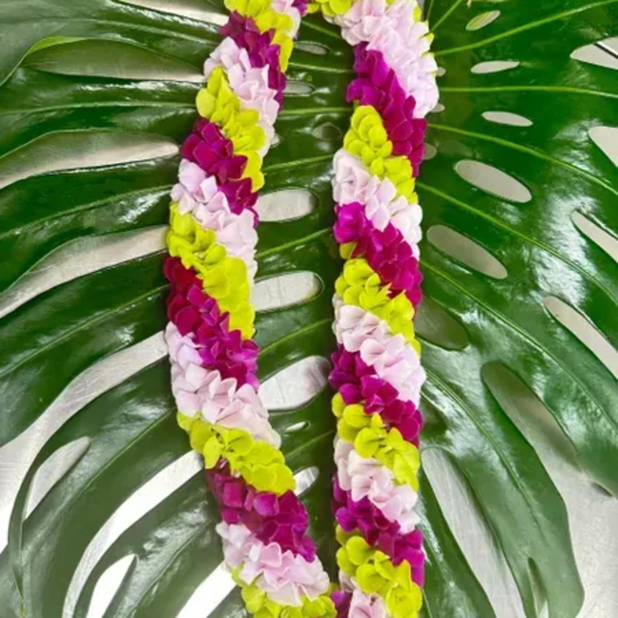 Two colorful flower leis on large green leaves