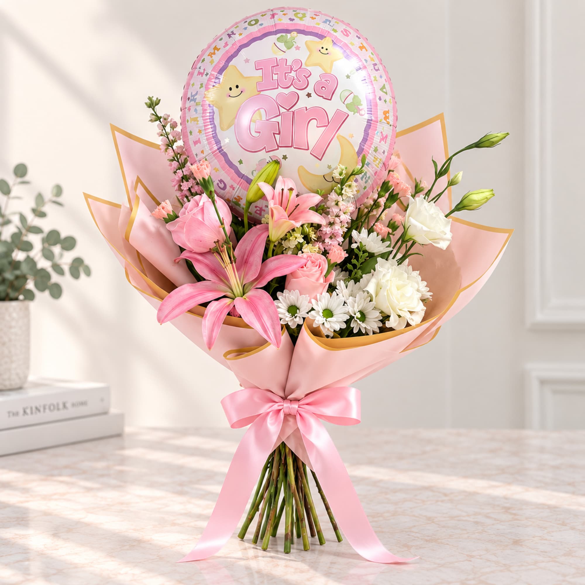 Pink and white bouquet with a "It's a Girl" balloon, photo 2 of 2