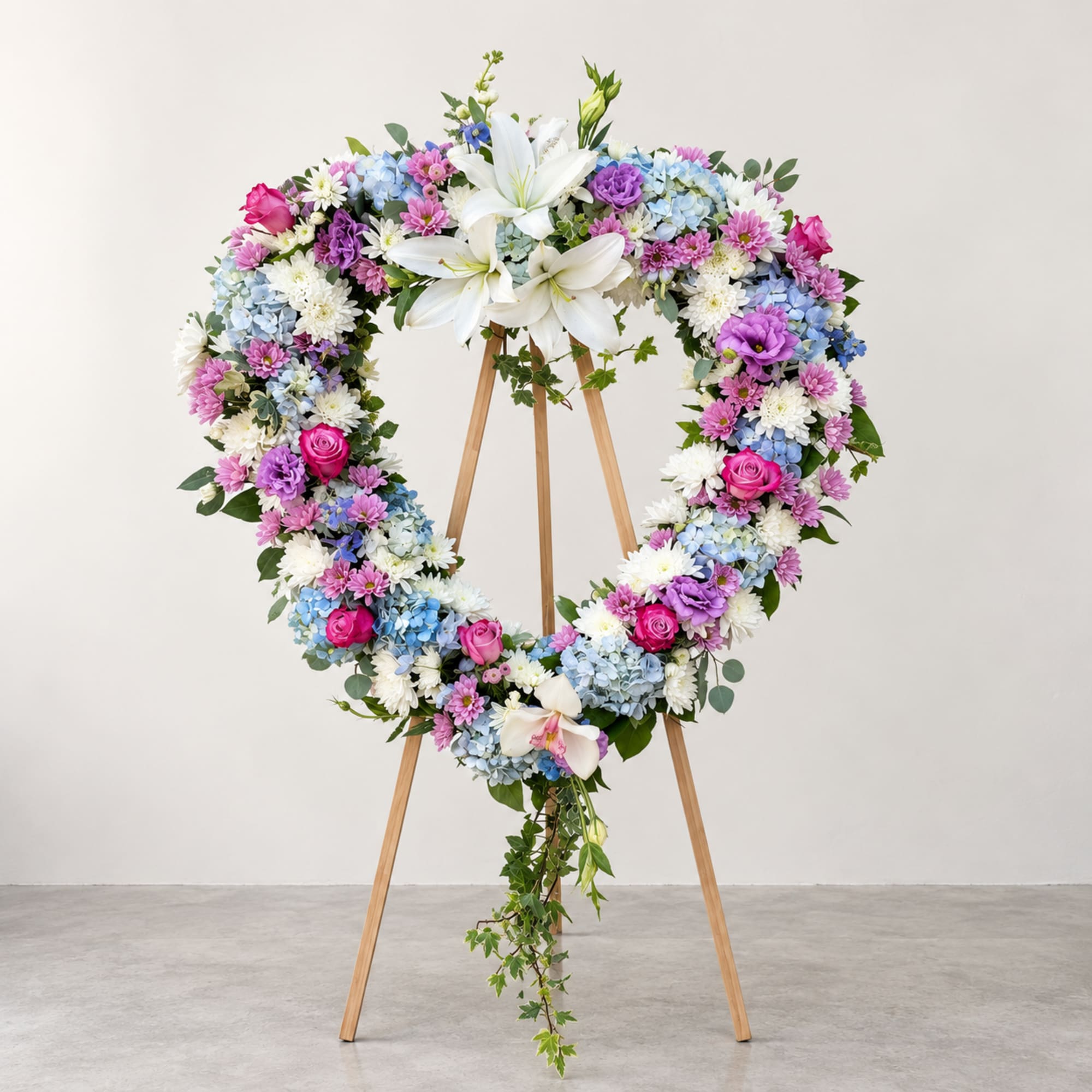 Heart-shaped floral wreath on a wooden easel with white lilies and pastel blooms