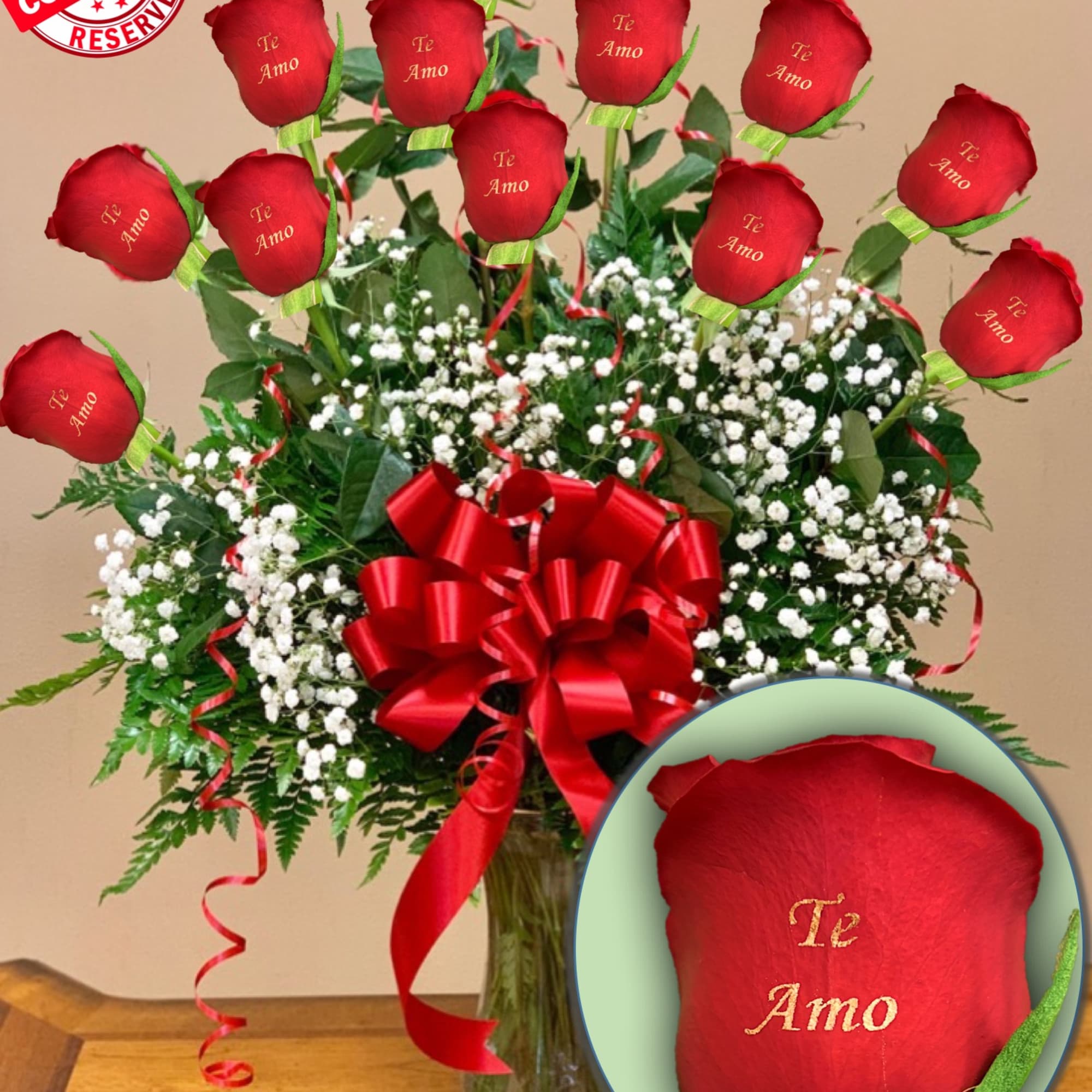 One dozen long stem roses each individually rose personalized with the message