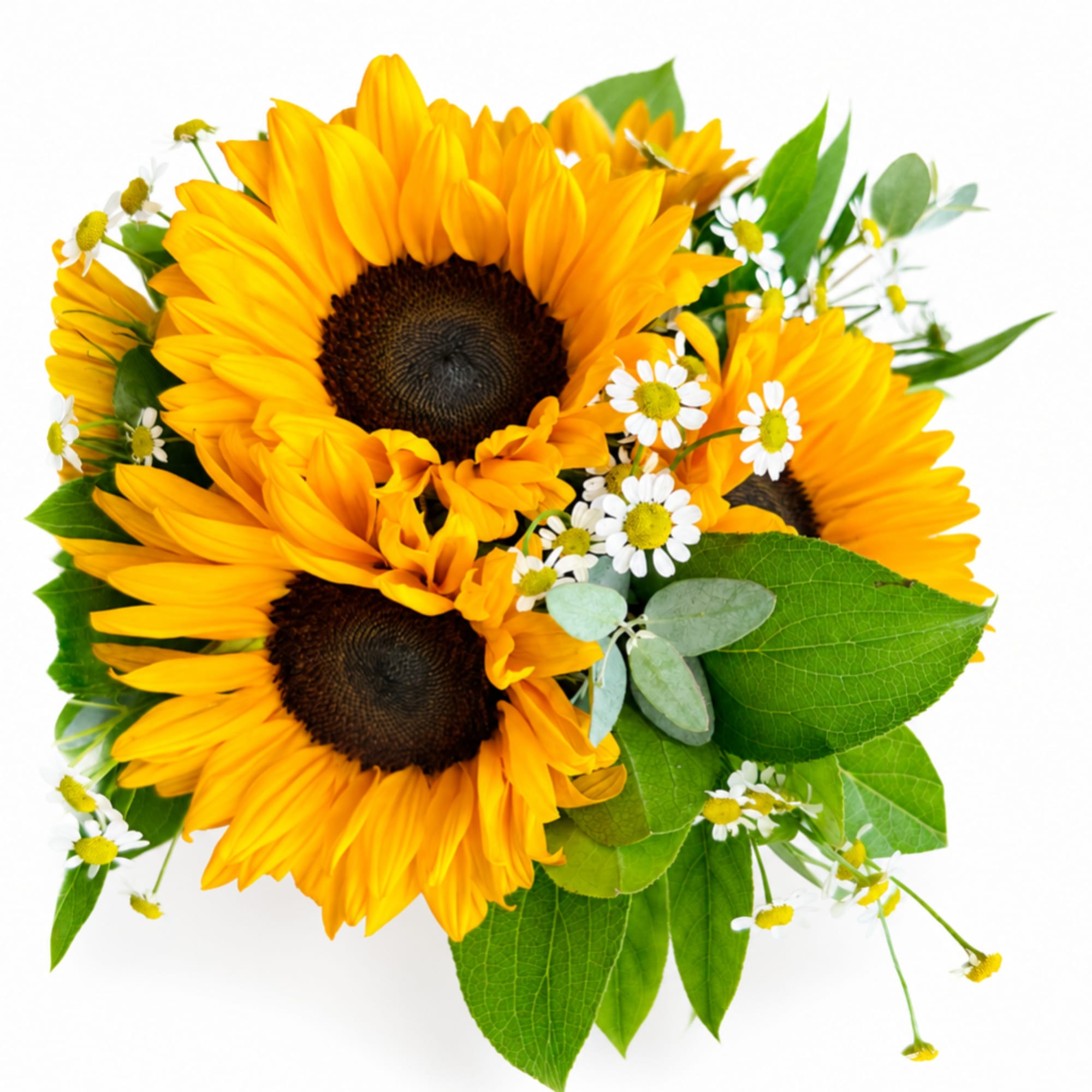 Bouquet of bright yellow sunflowers with small white daisies