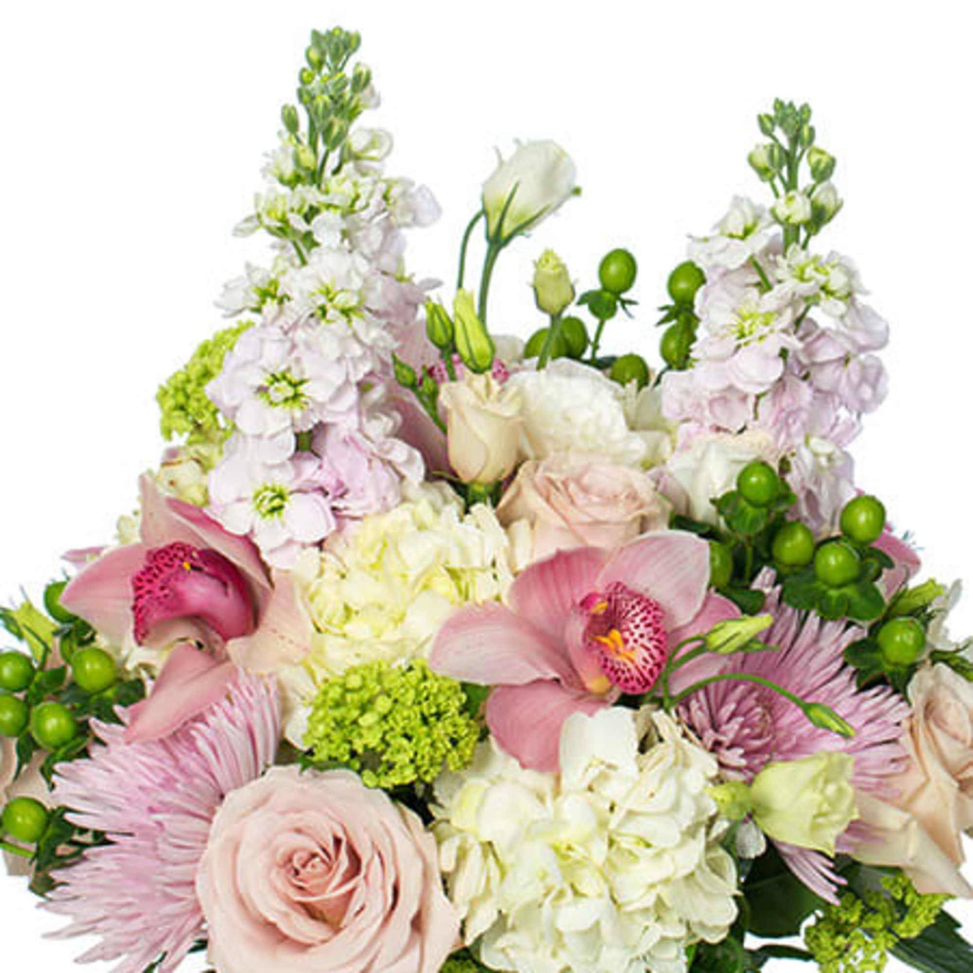Round arrangement of pink roses, orchids, and white hydrangeas in a green glass cylinder vase