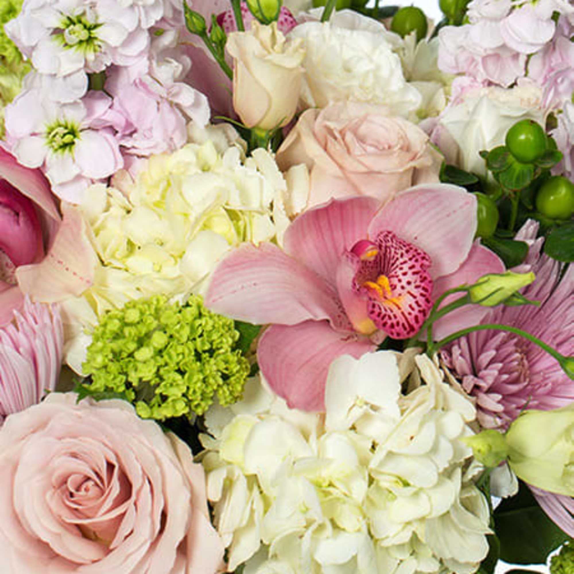 Arrangement of pink roses, white hydrangeas, and a pink orchid in a glass vase.