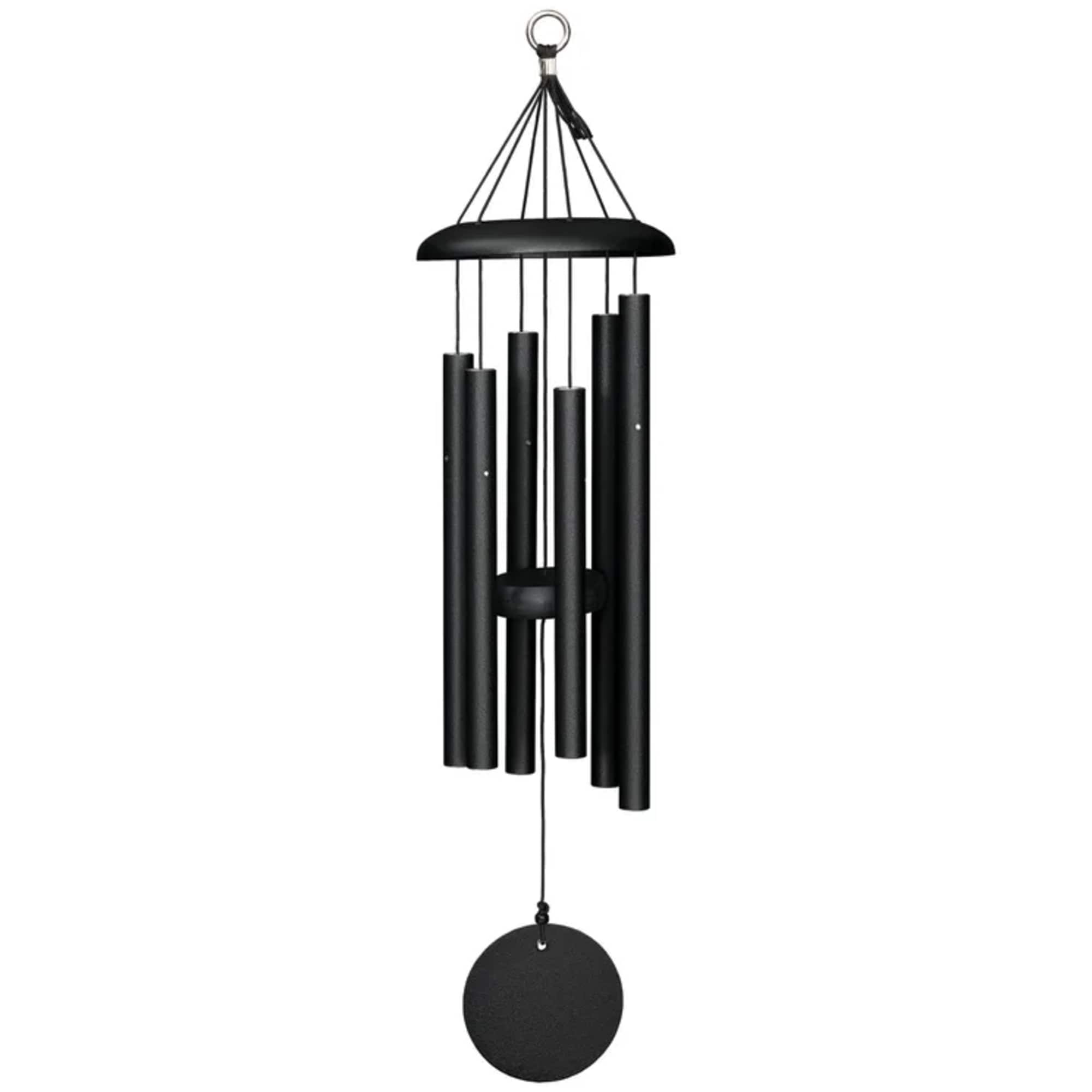 Black metal wind chime with hanging tubes and a round striker
