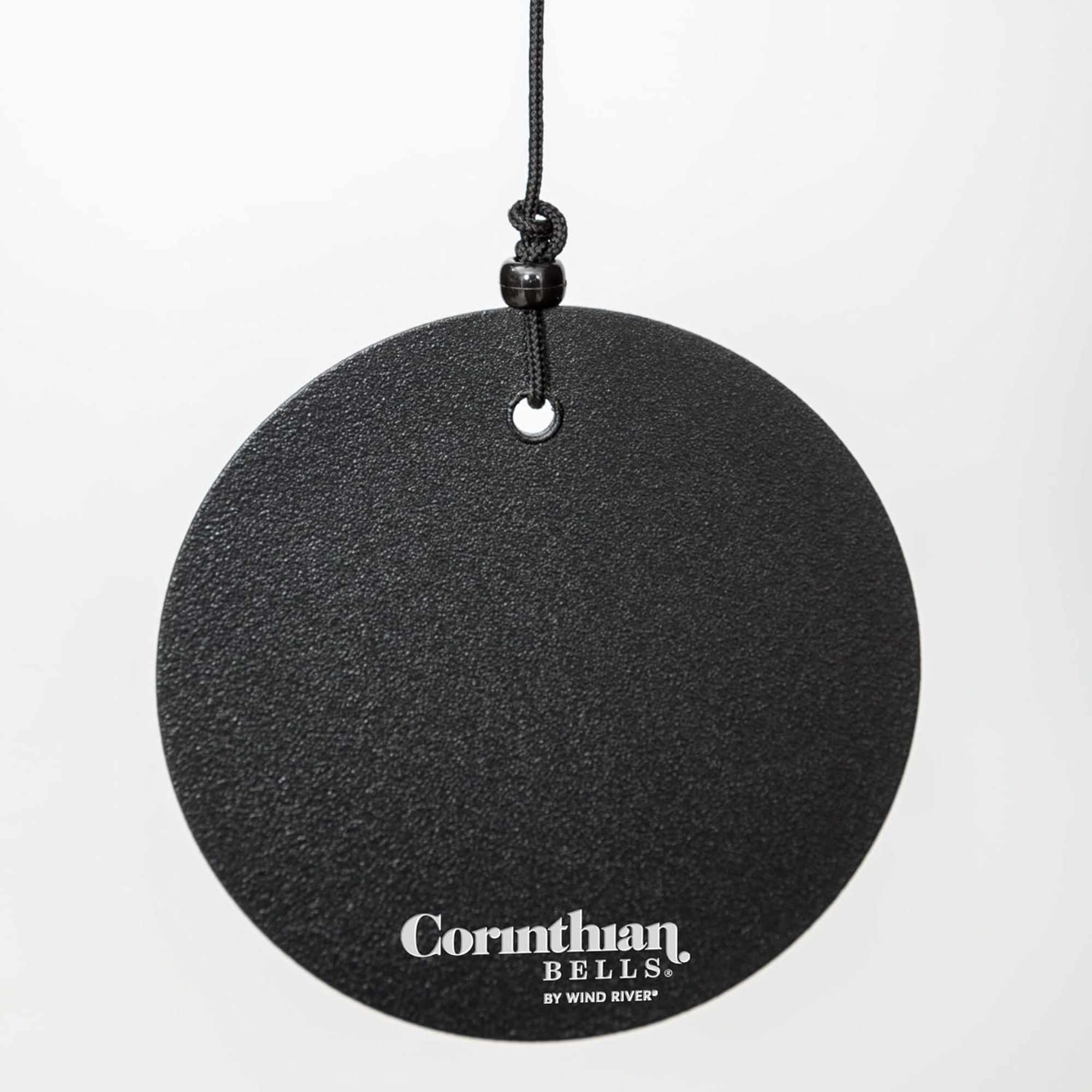 Black round hanging ornament with a cord and printed logo