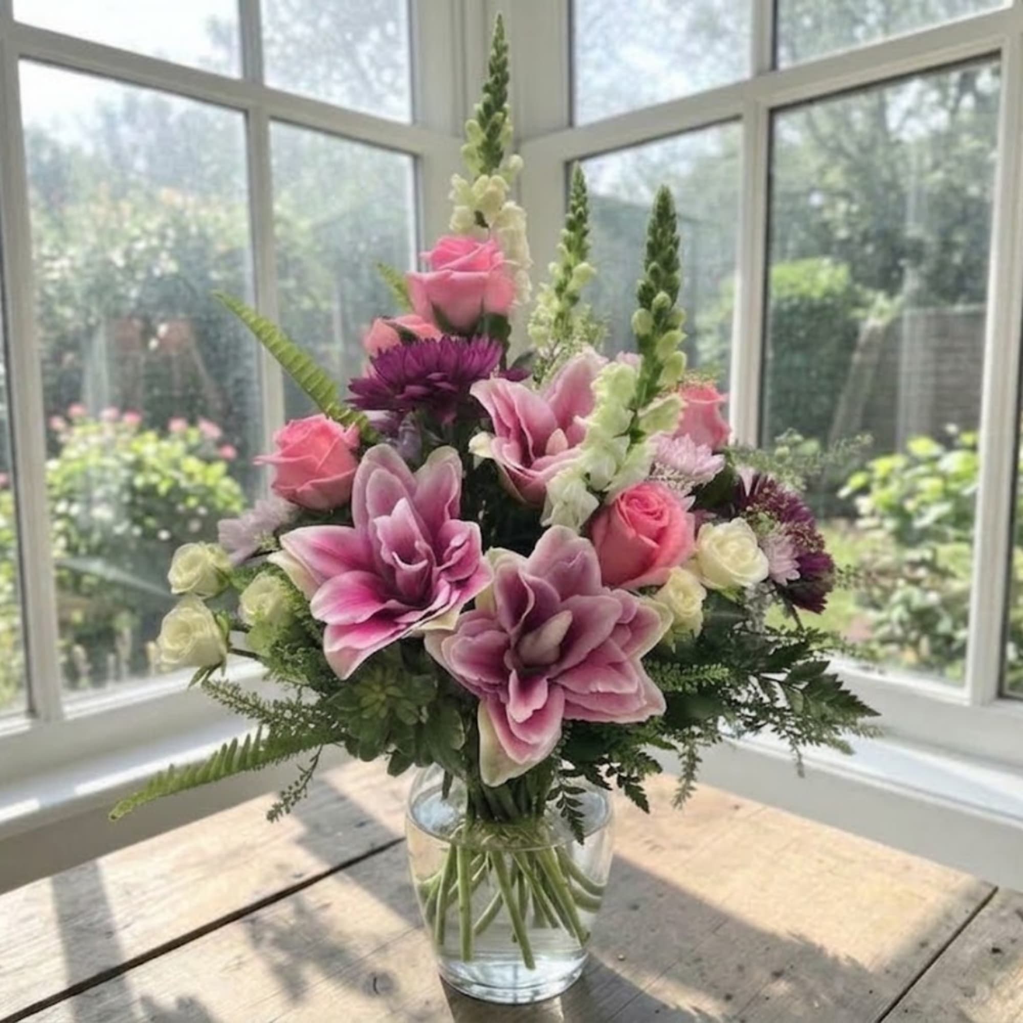 Pink and purple bouquet with roses and lilies in a clear glass vase