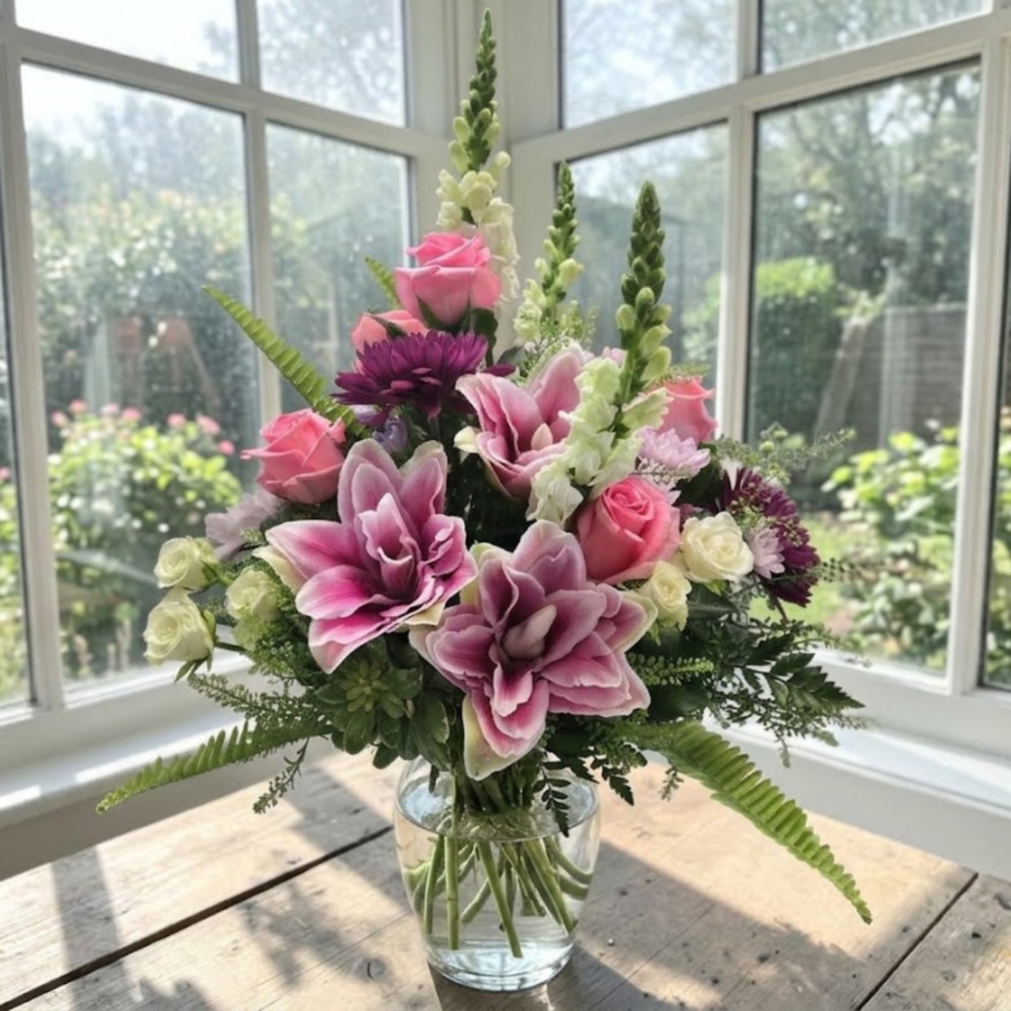 Pink and purple floral arrangement in a clear glass vase
