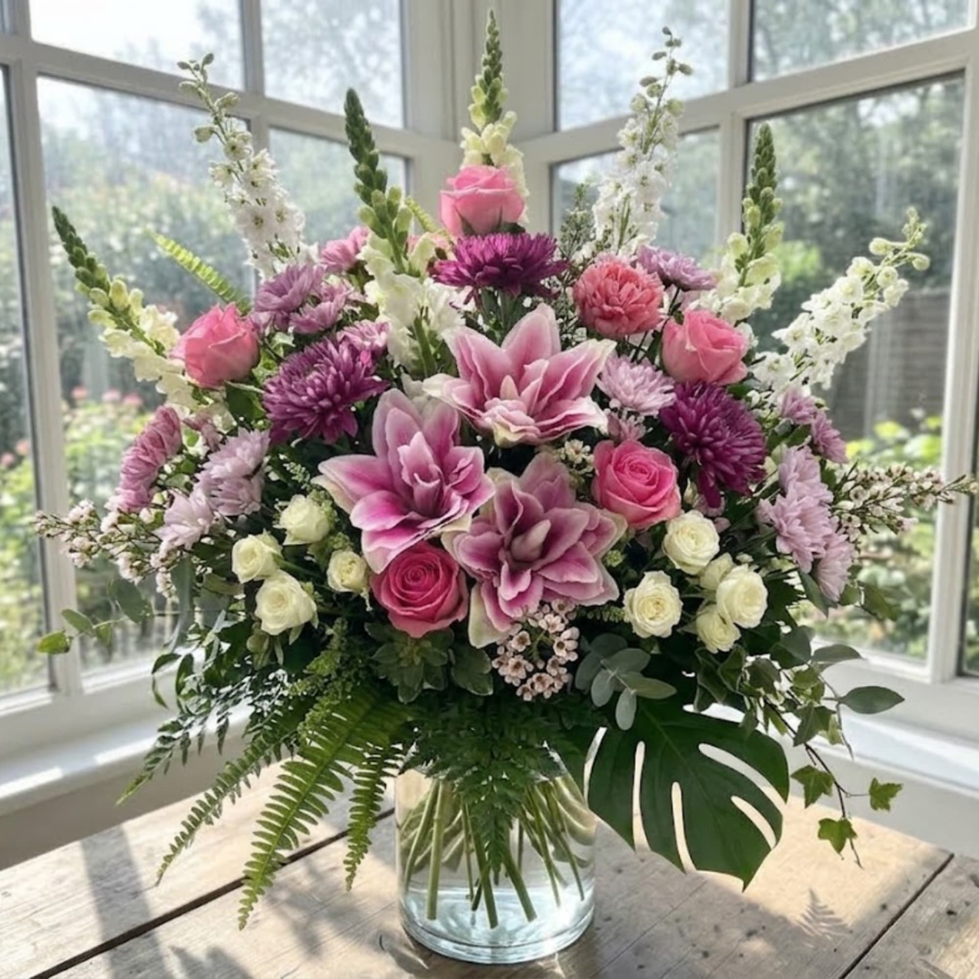 Pink and white floral arrangement in a clear glass vase