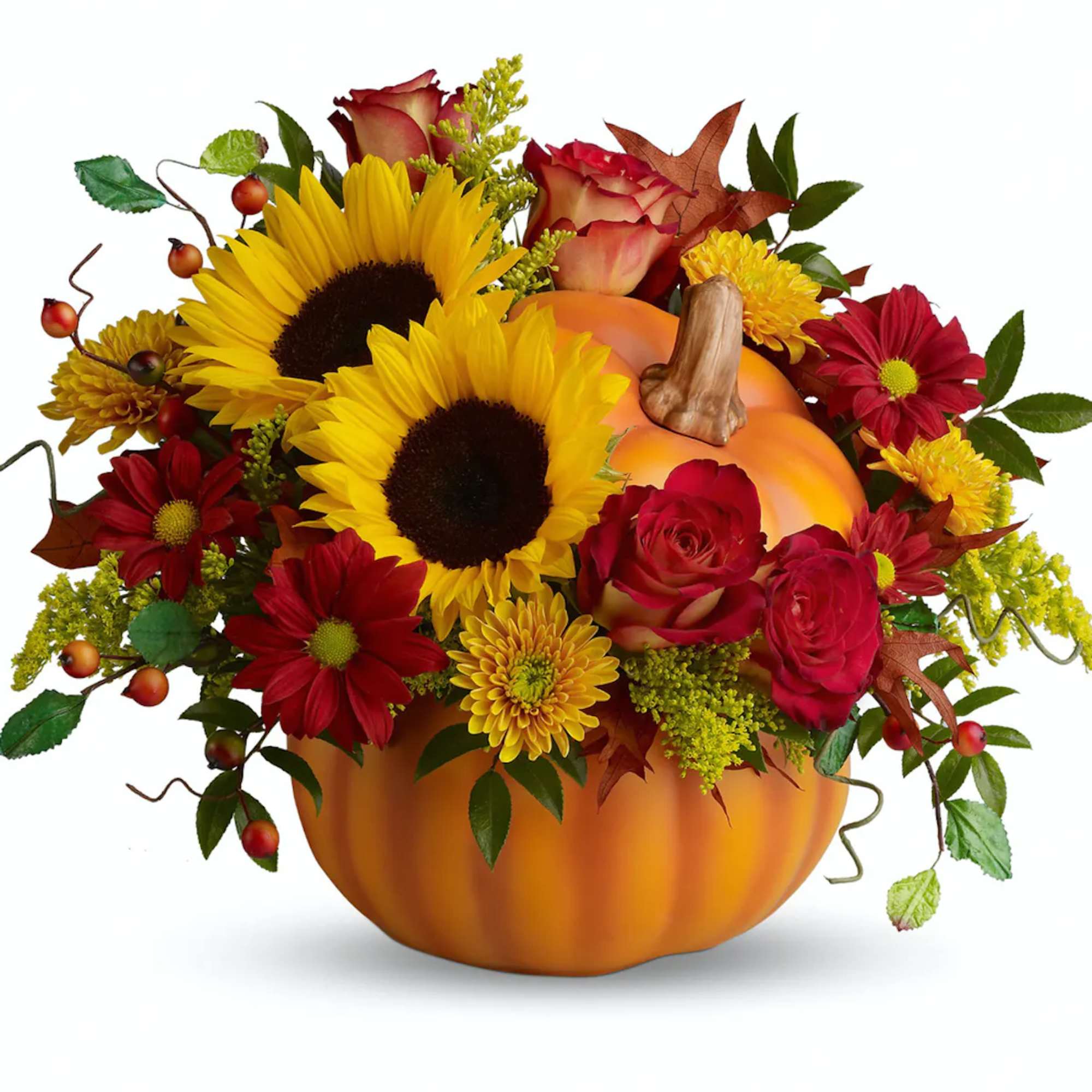 Radiantly rustic sunflowers and other beautiful blooms in a hand-painted ceramic pumpkin