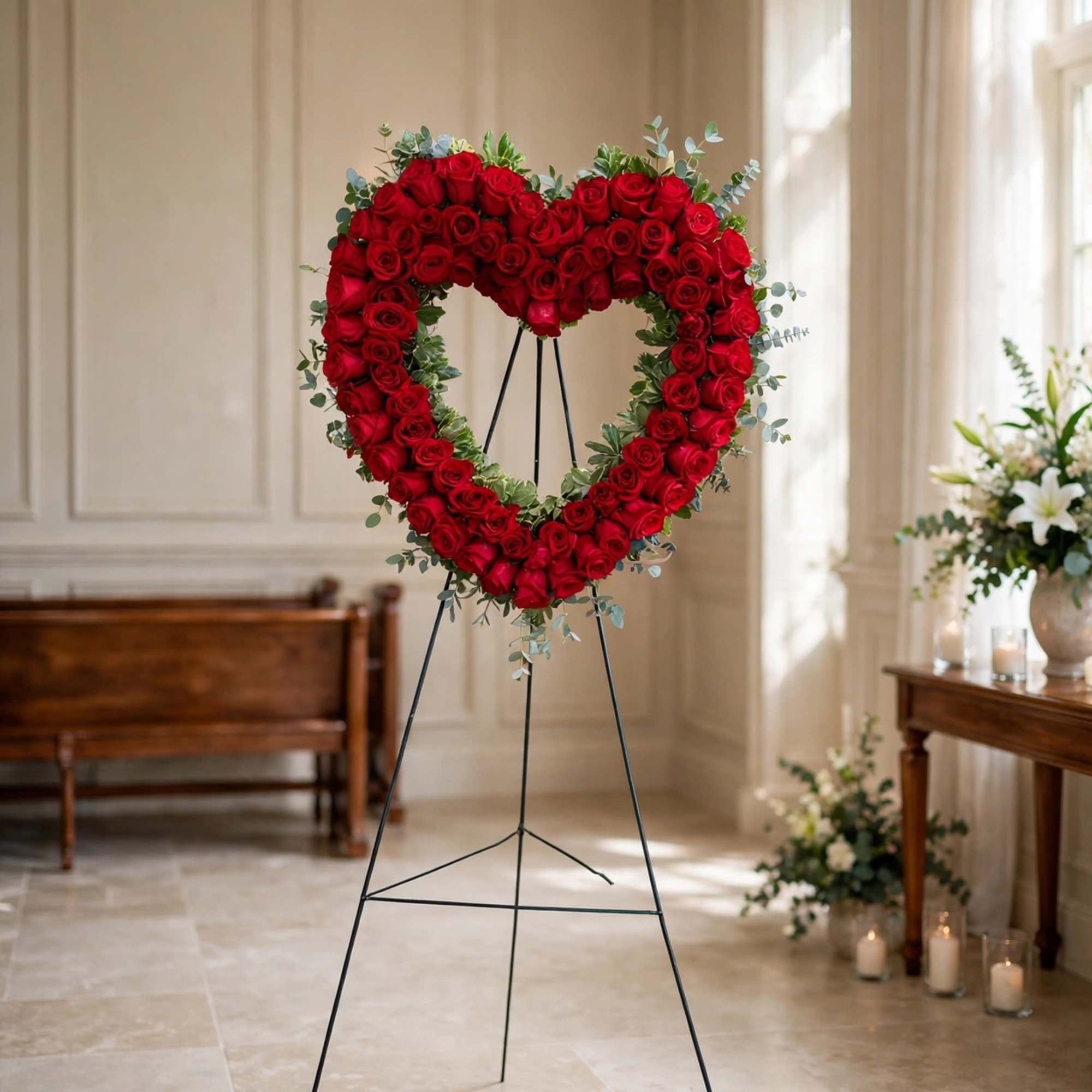 Heart-shaped red rose wreath on a stand in a bright room