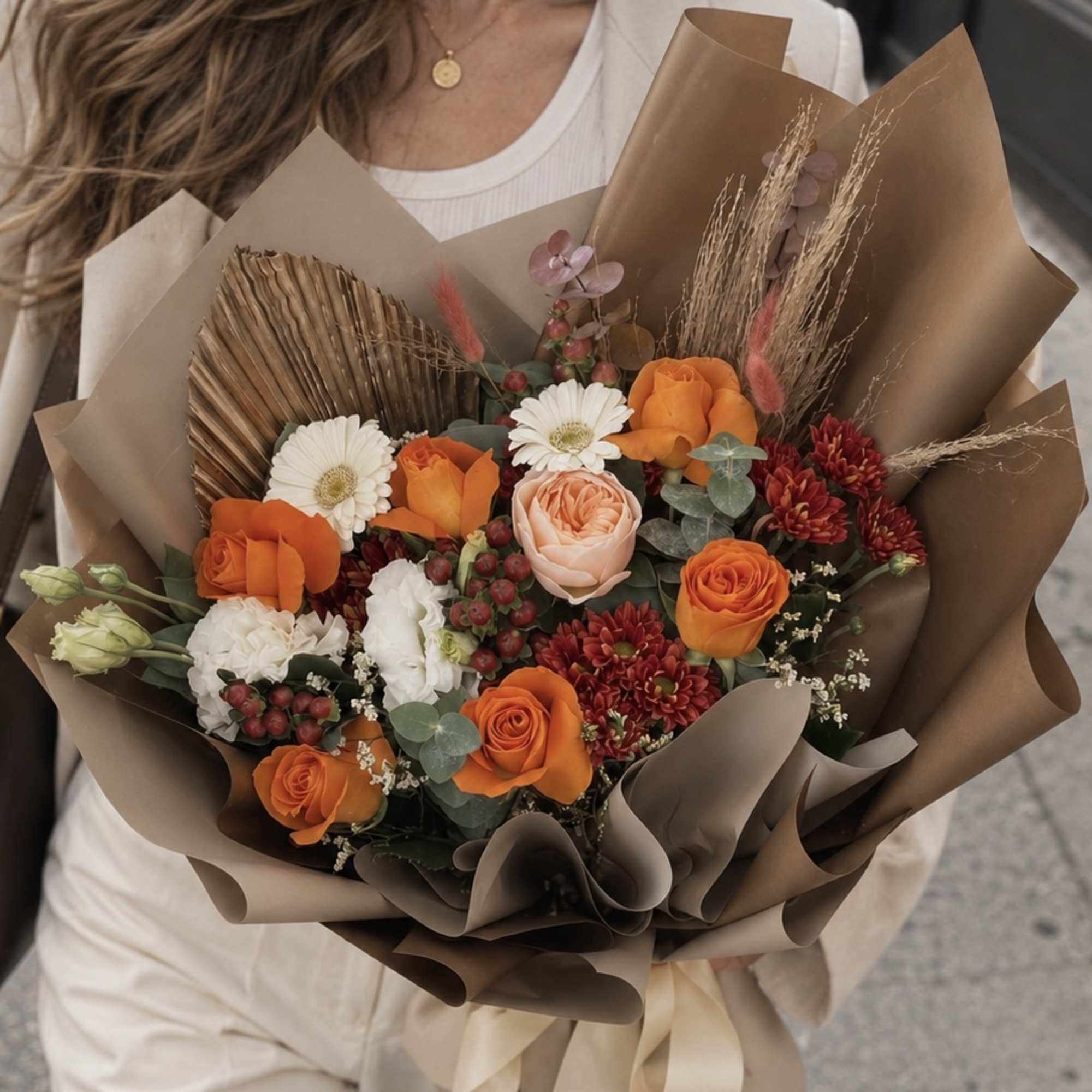 Bouquet of orange and white flowers wrapped in brown paper, photo 3 of 3