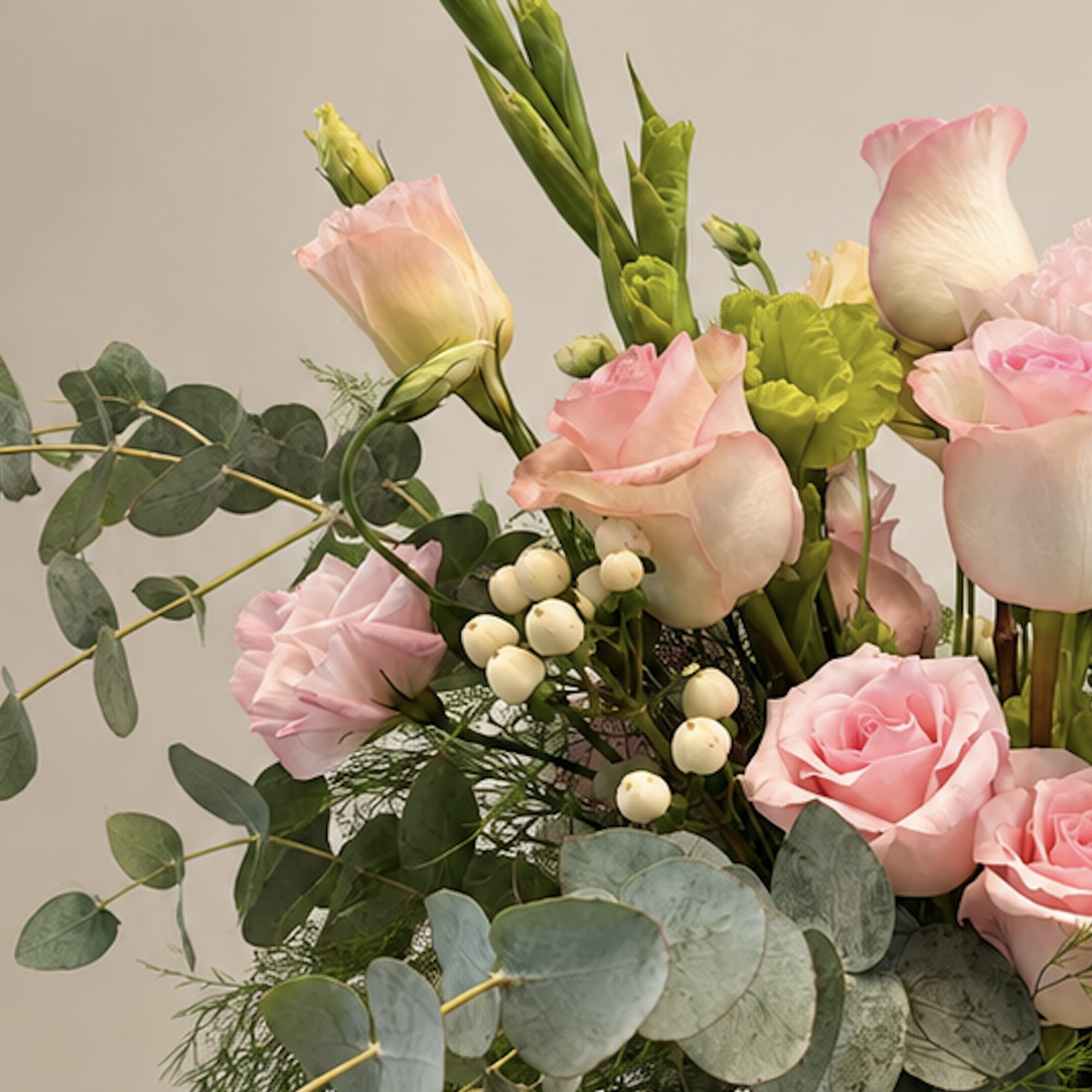 Pink roses and pale lisianthus arranged with eucalyptus and white berries.