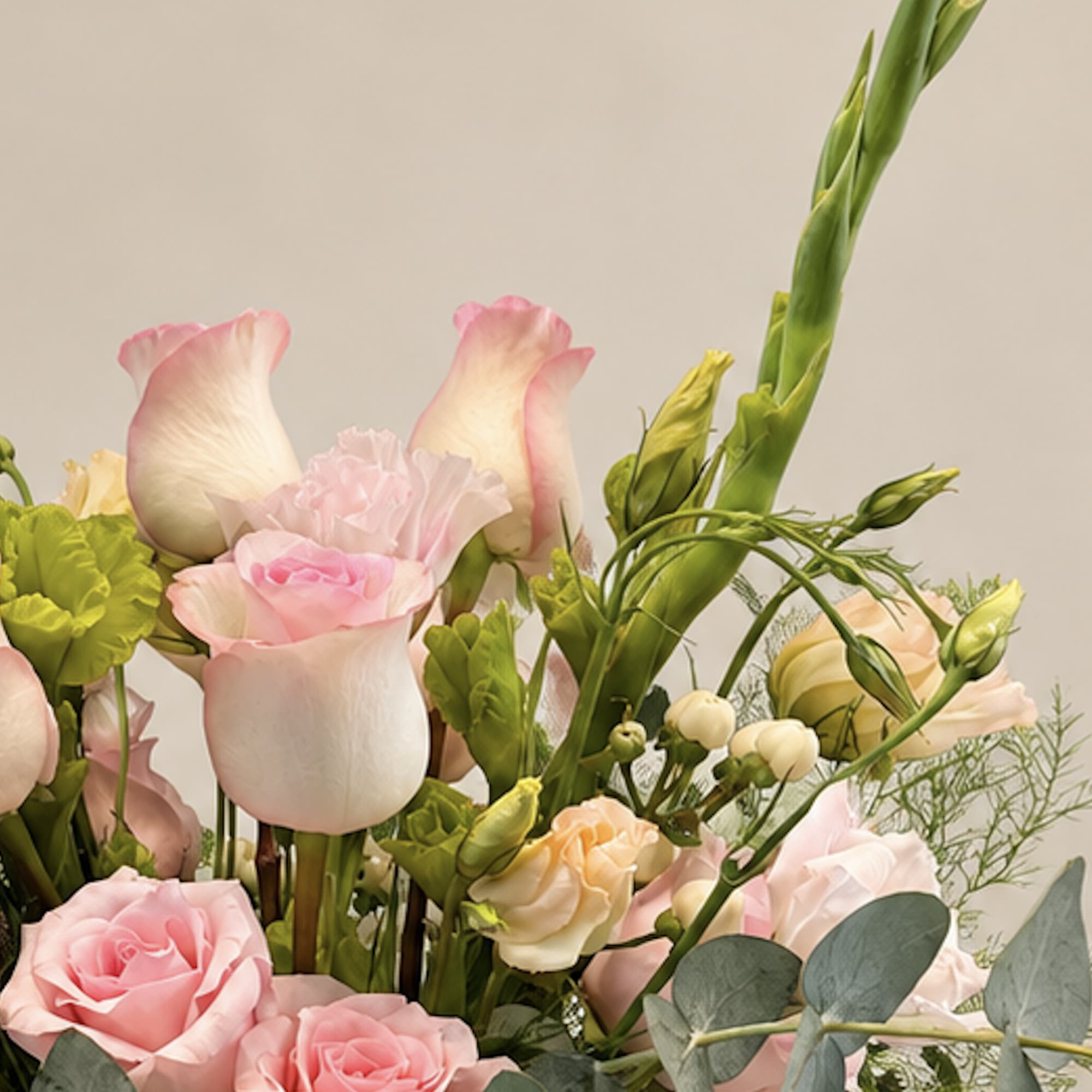 Pink roses and pale tulips with green stems in a bouquet
