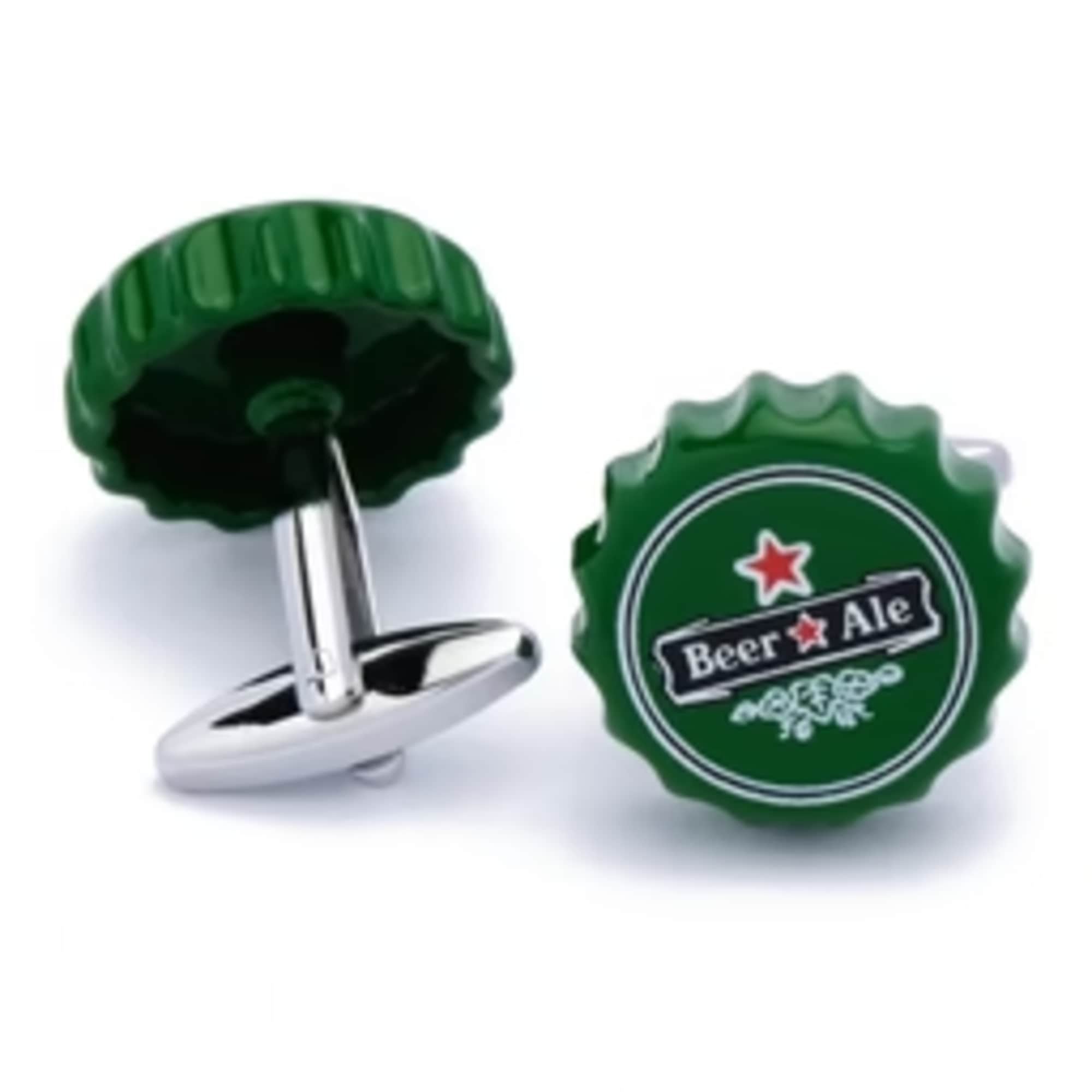 Pair of green bottle-cap cufflinks with metal backs